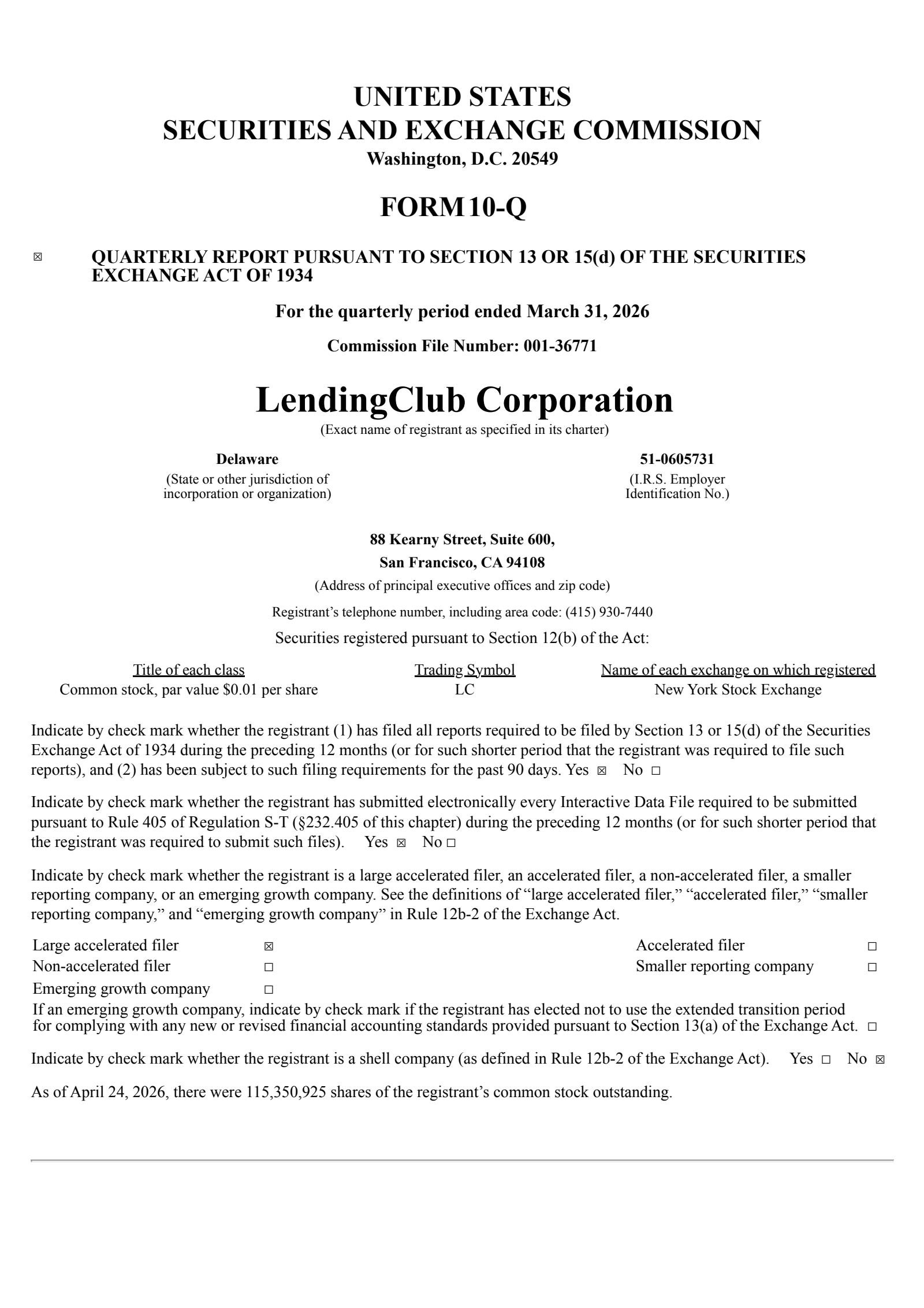 LendingClub's Q1 2026 Quarterly report