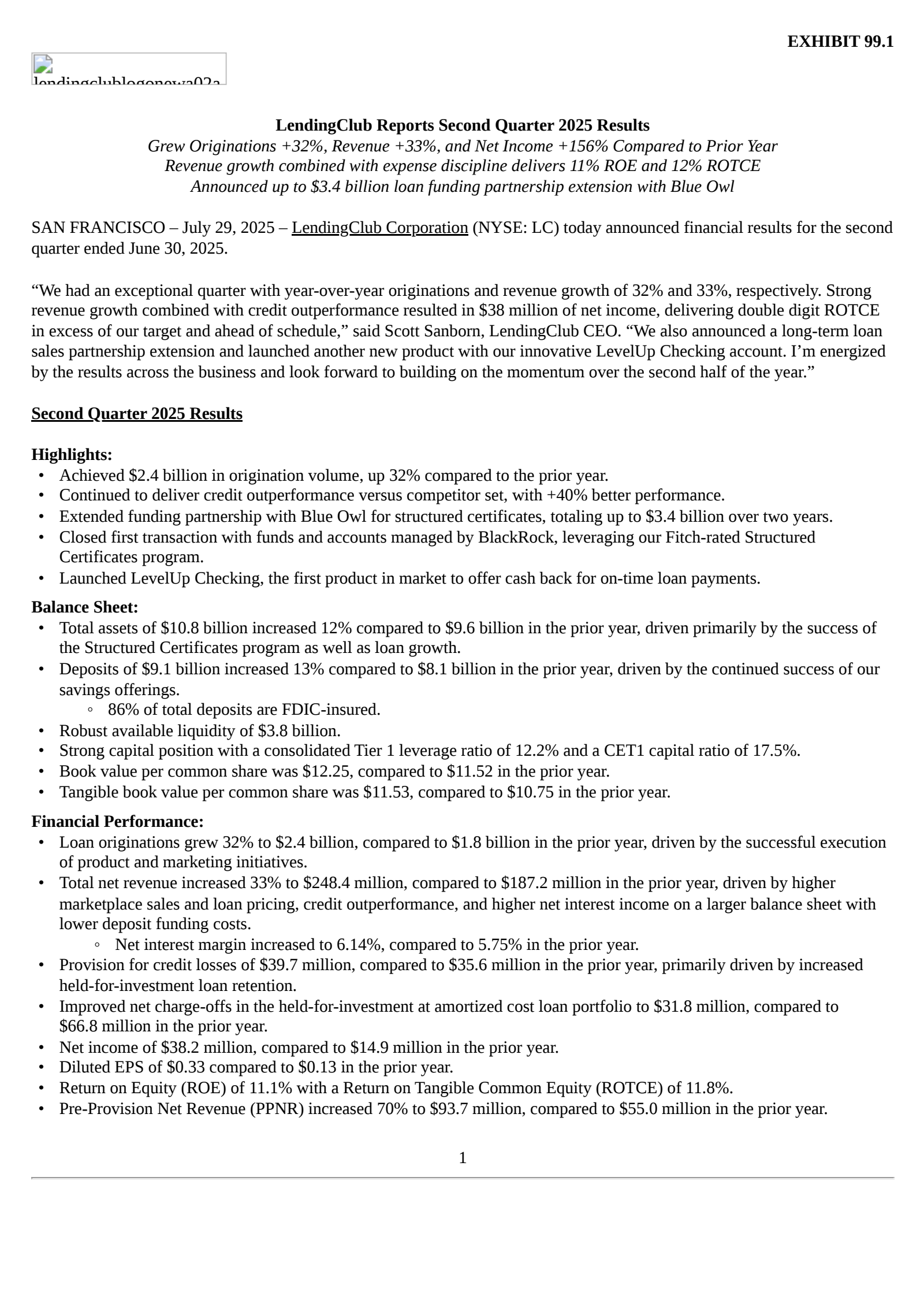 LendingClub's Q2 2025 Press Release