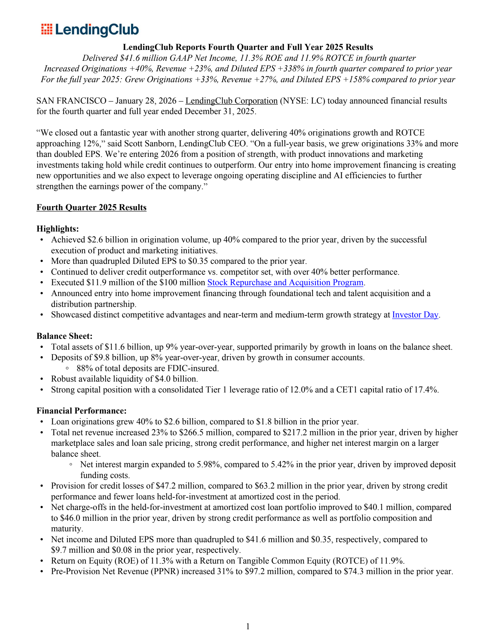 LendingClub's Q4 2025 Press Release