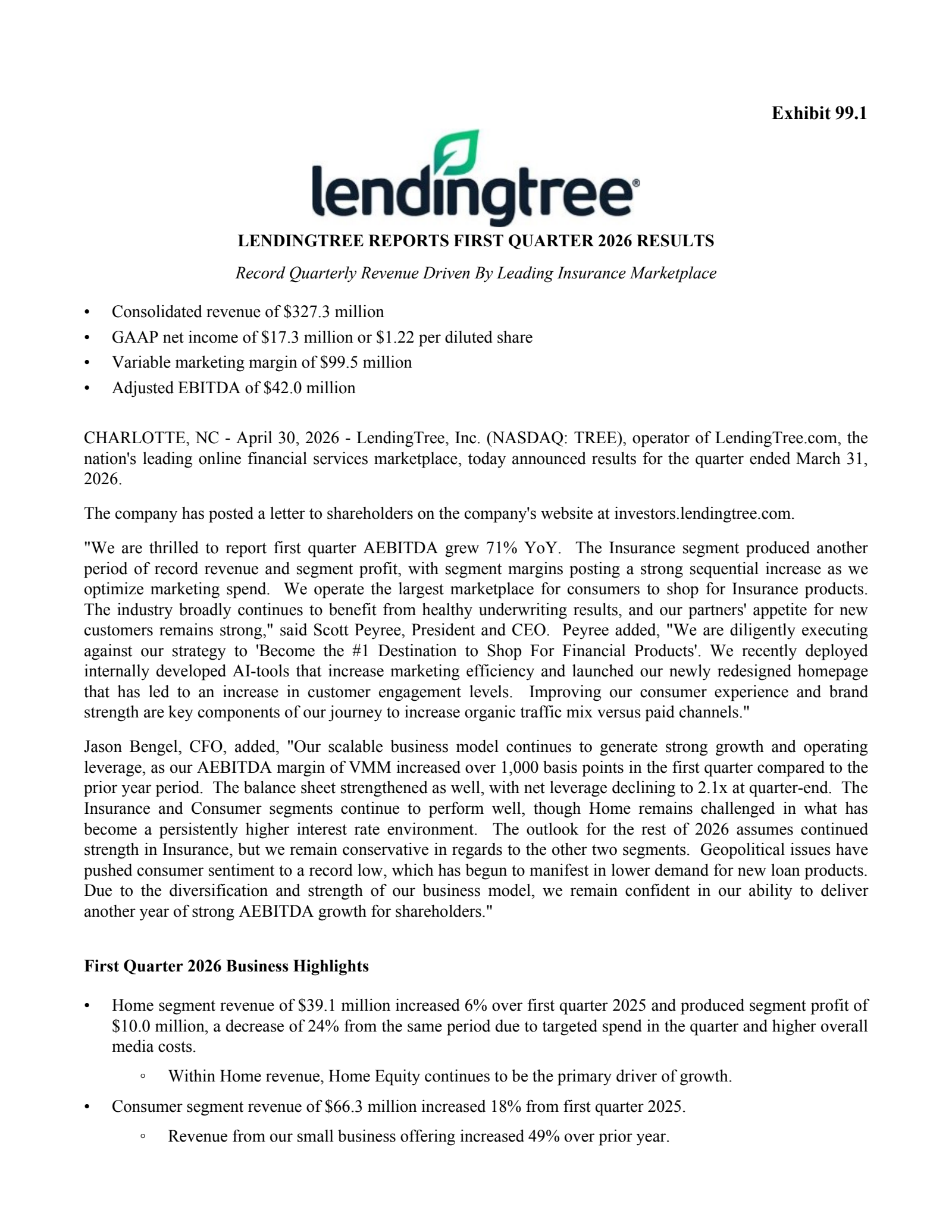 LendingTree's Q1 2026 Press Release