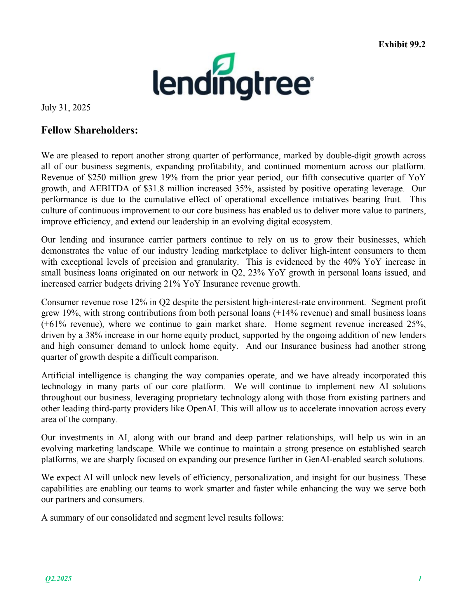 LendingTree's Q2 2025 Press Release