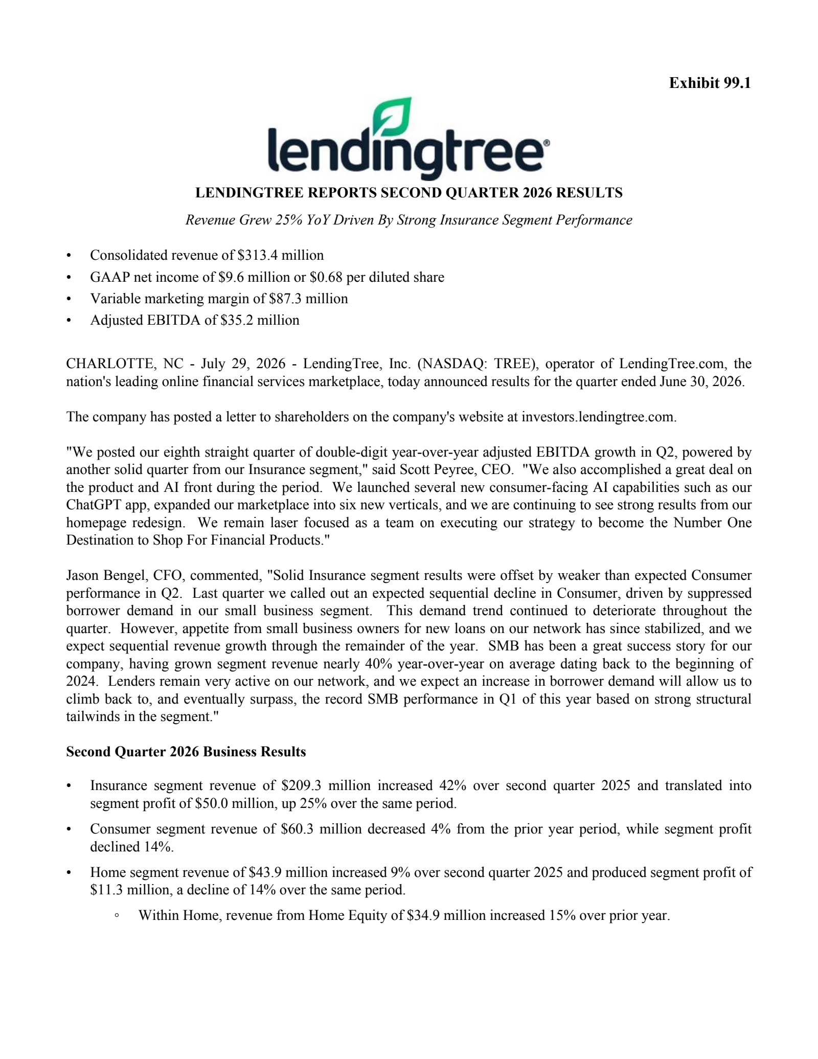 LendingTree's Q2 2026 Press Release