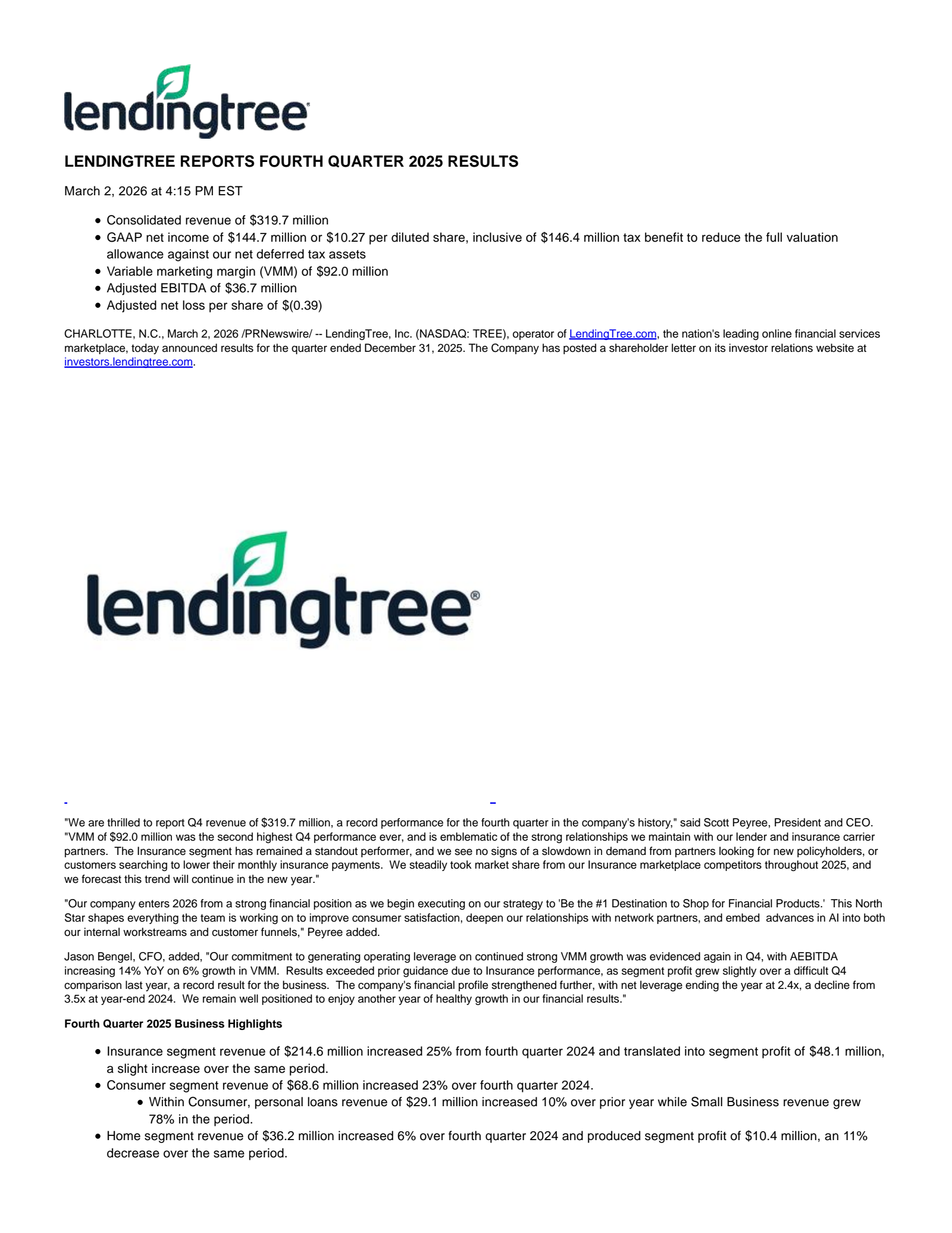 LendingTree's Q4 2025 Press Release