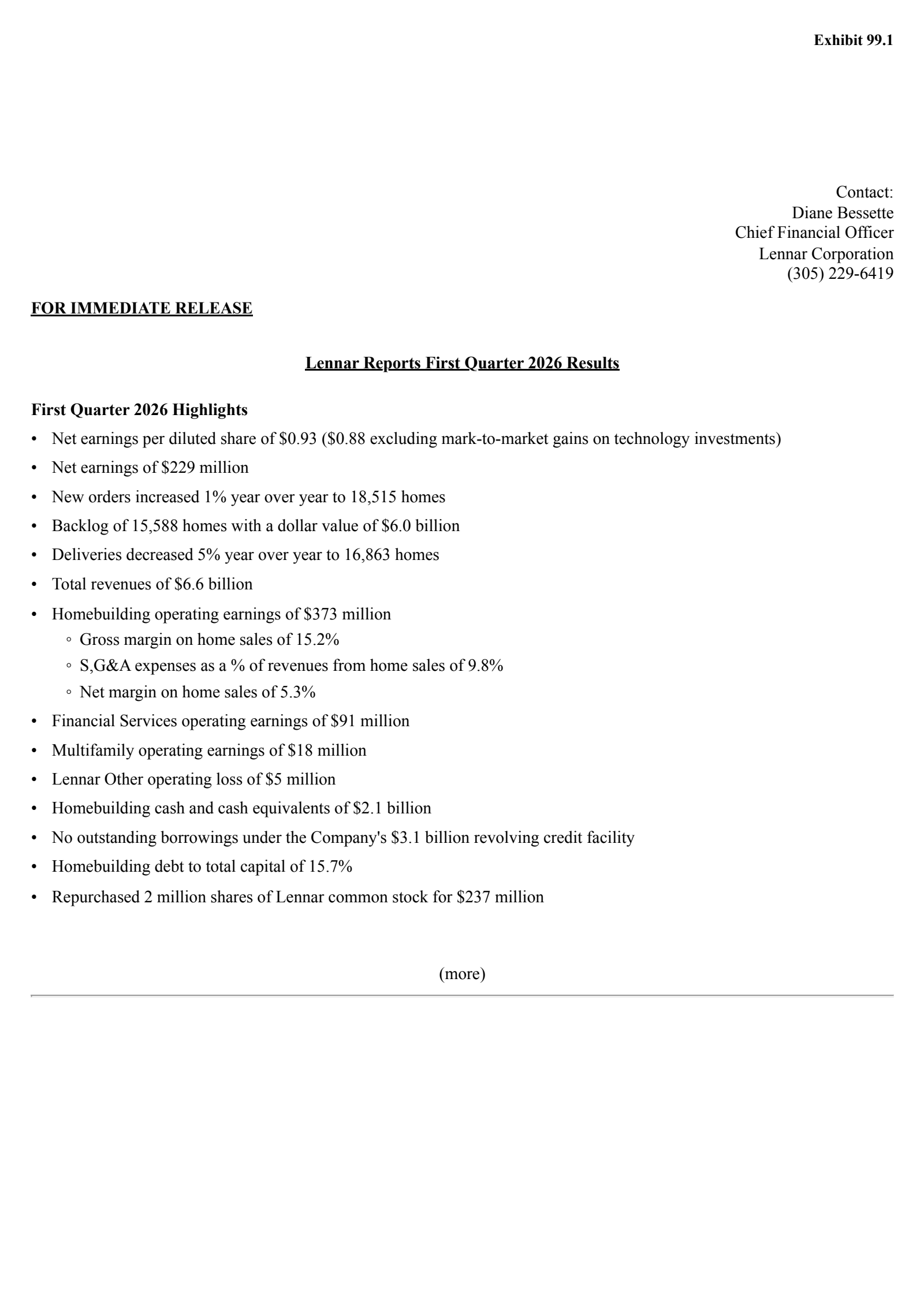 Lennar's Q1 2026 Press Release