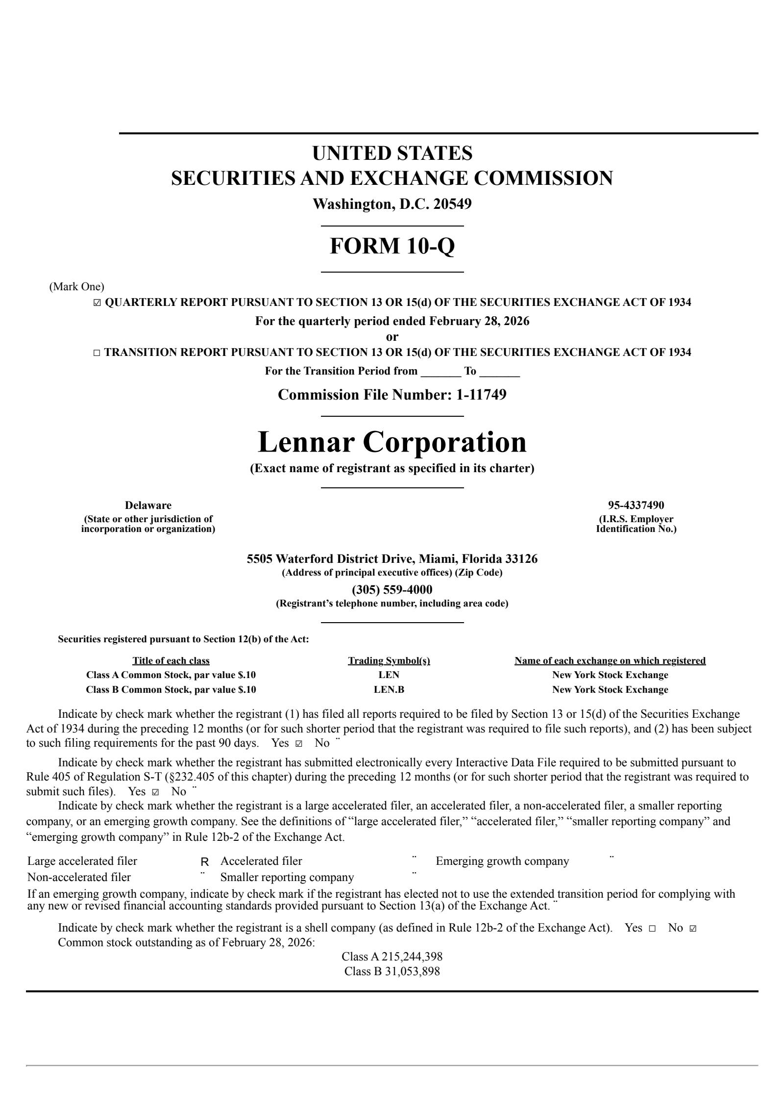 Lennar's Q1 2026 Quarterly report