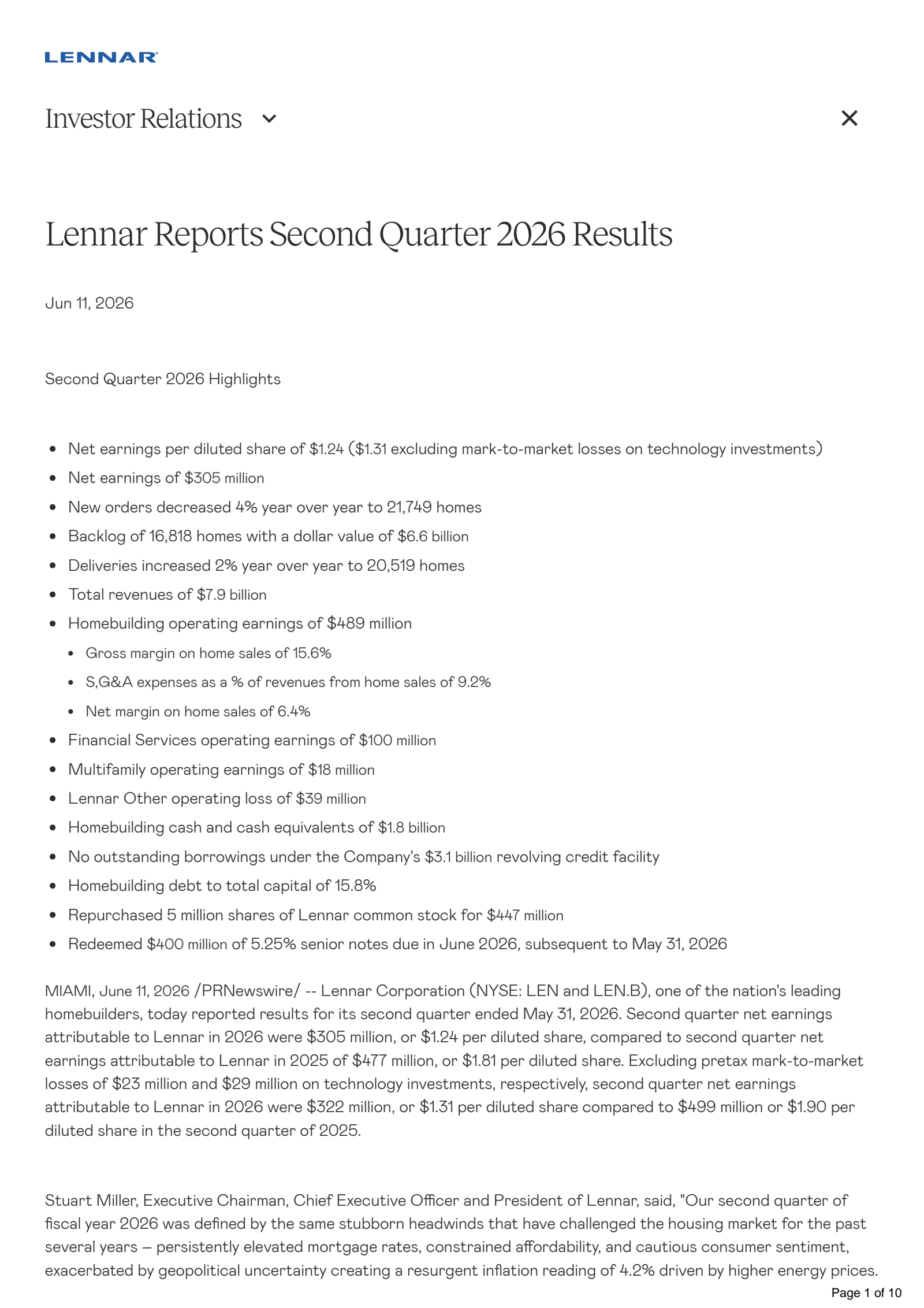 Lennar's Q2 2026 Press Release