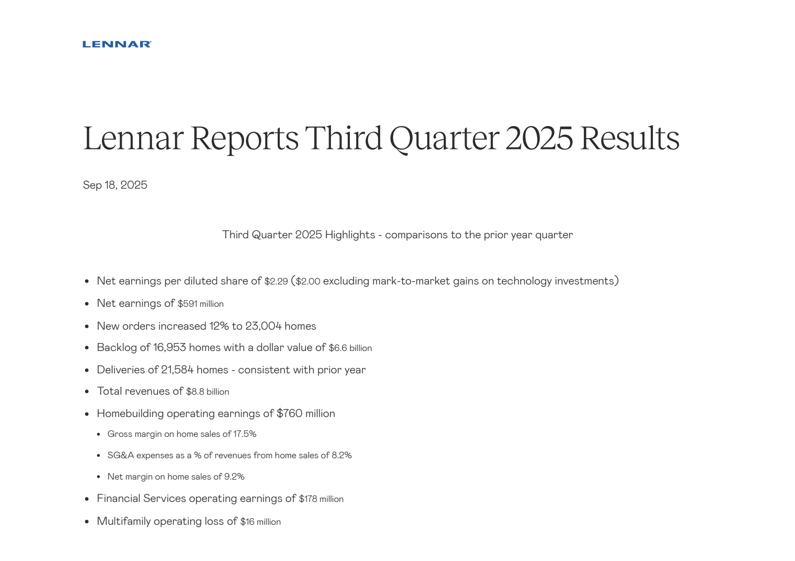 Lennar's Q3 2025 Earnings Release