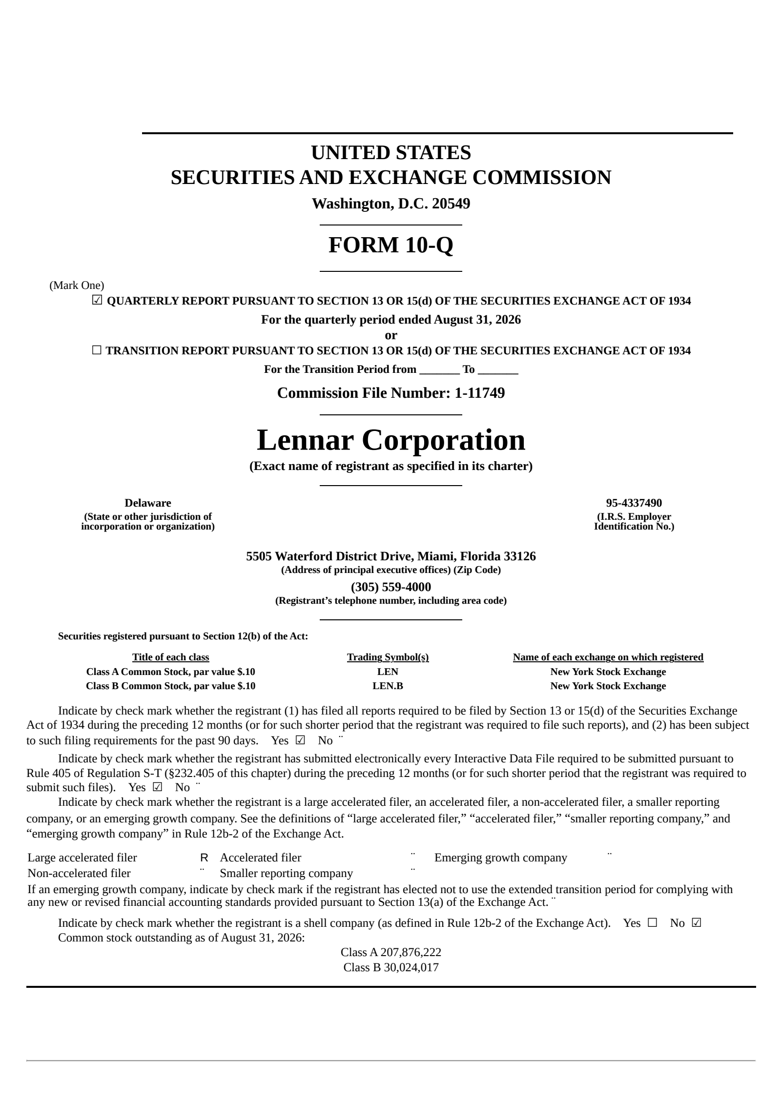 Lennar's Q3 2026 Quarterly report