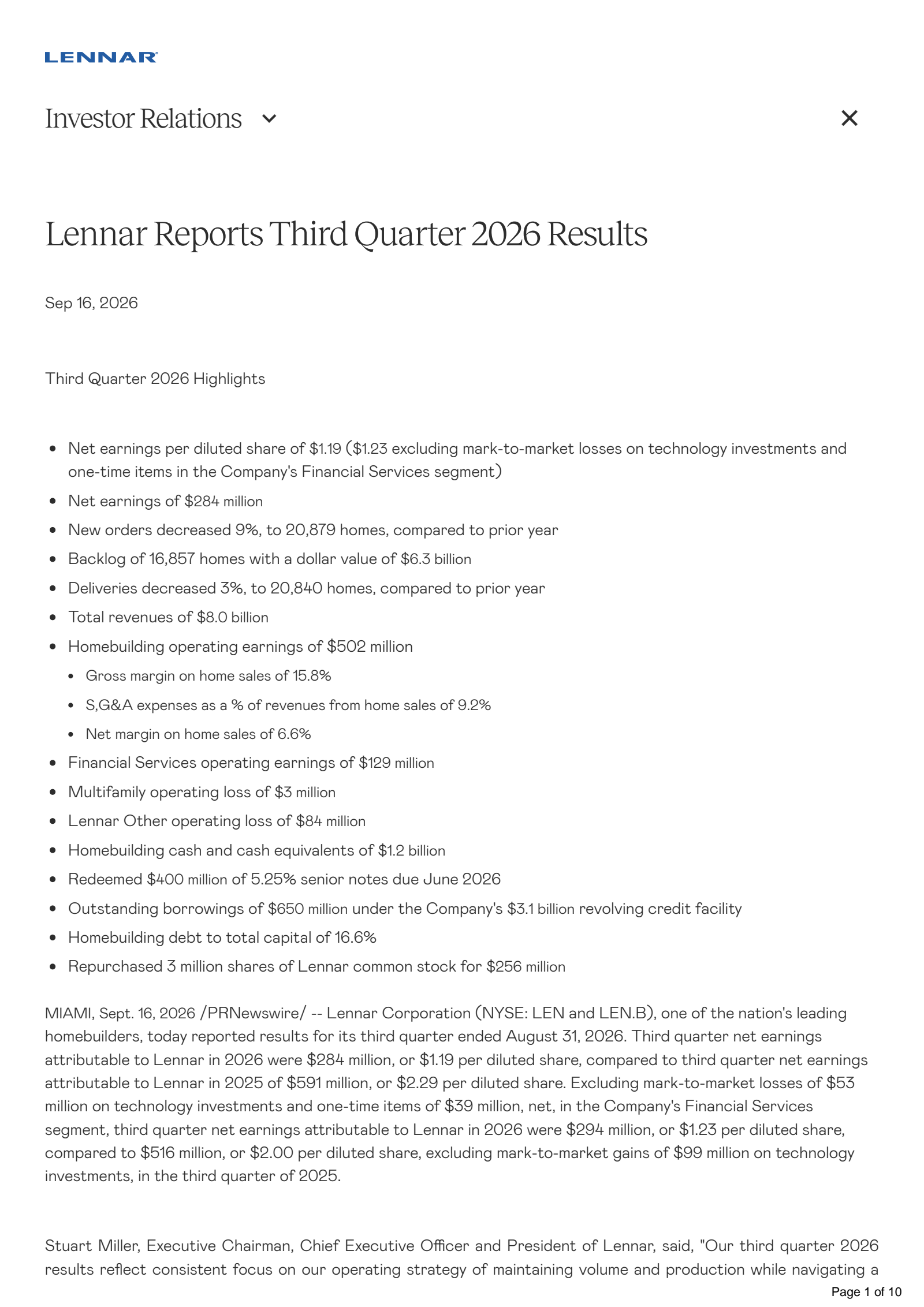 Lennar's Q3 2026 Press Release