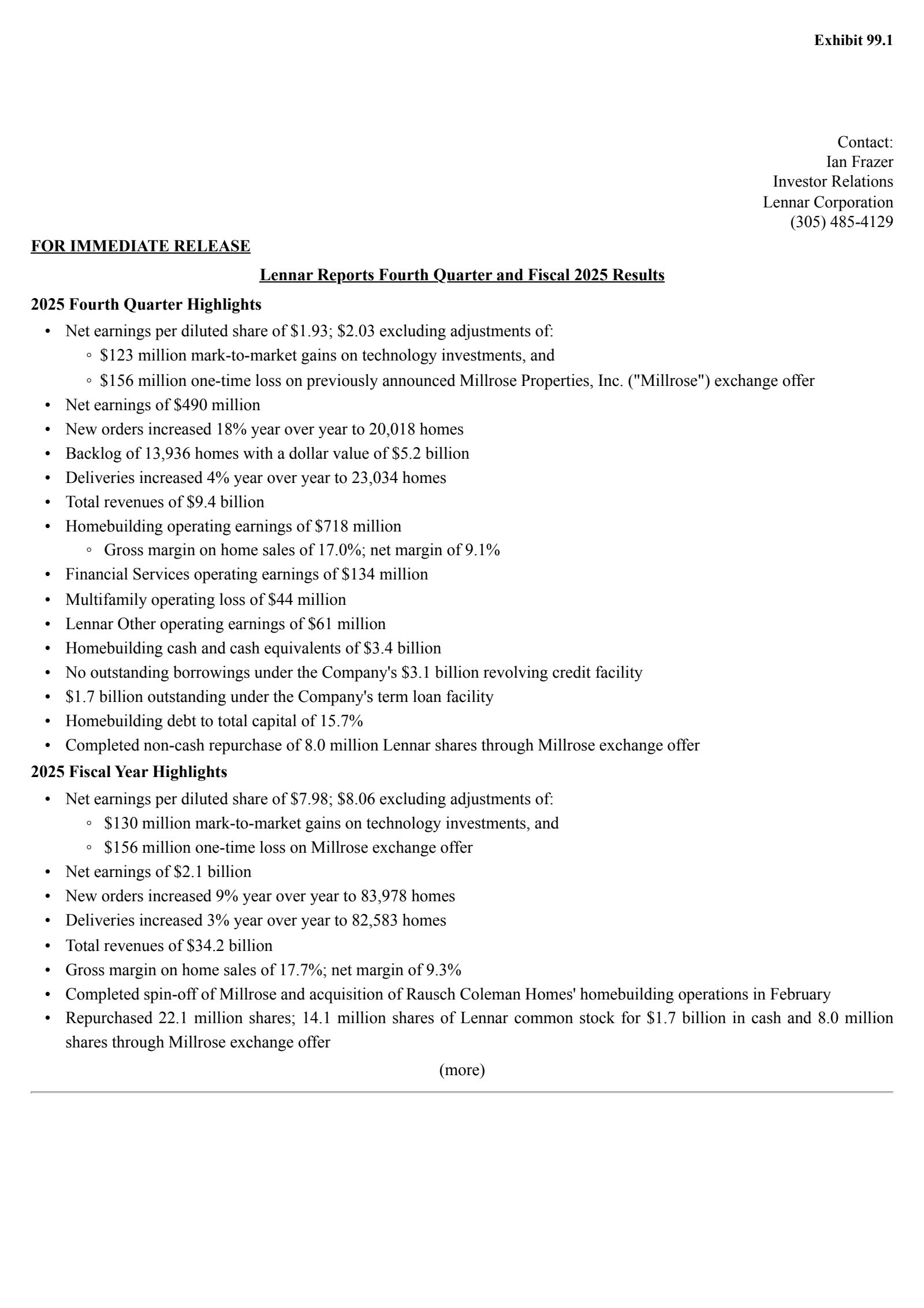 Lennar's Q4 2025 Earnings Release