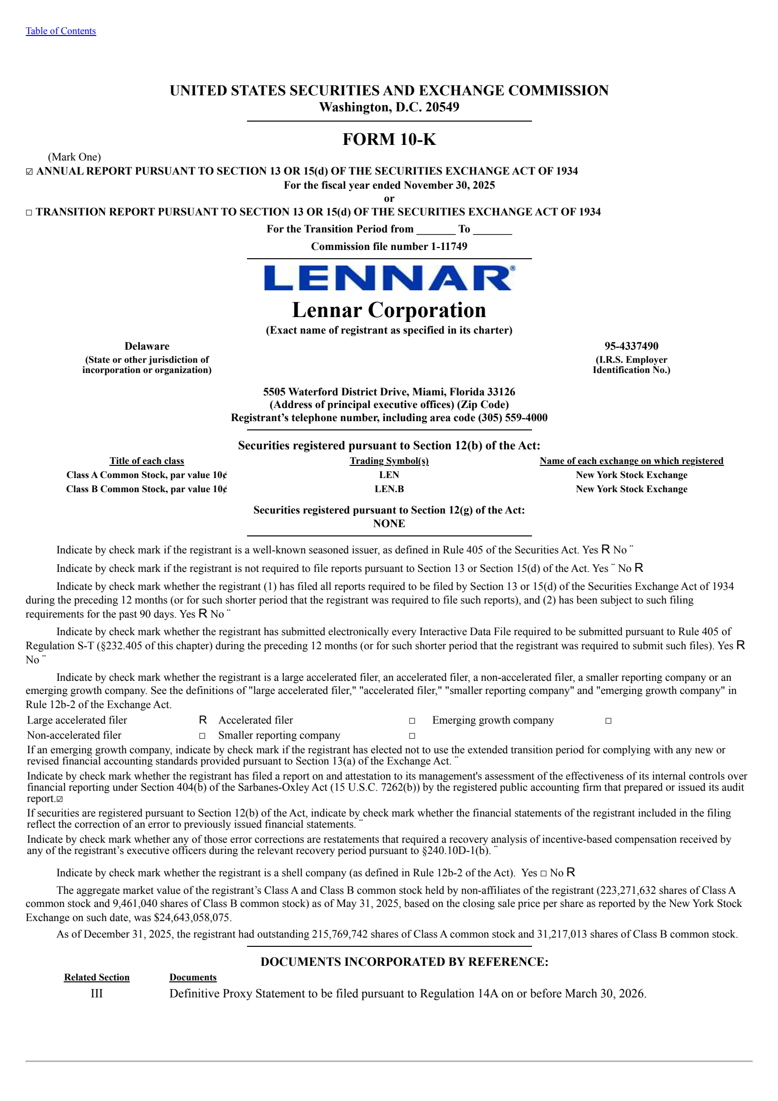 Lennar's Q4 2025 Annual report