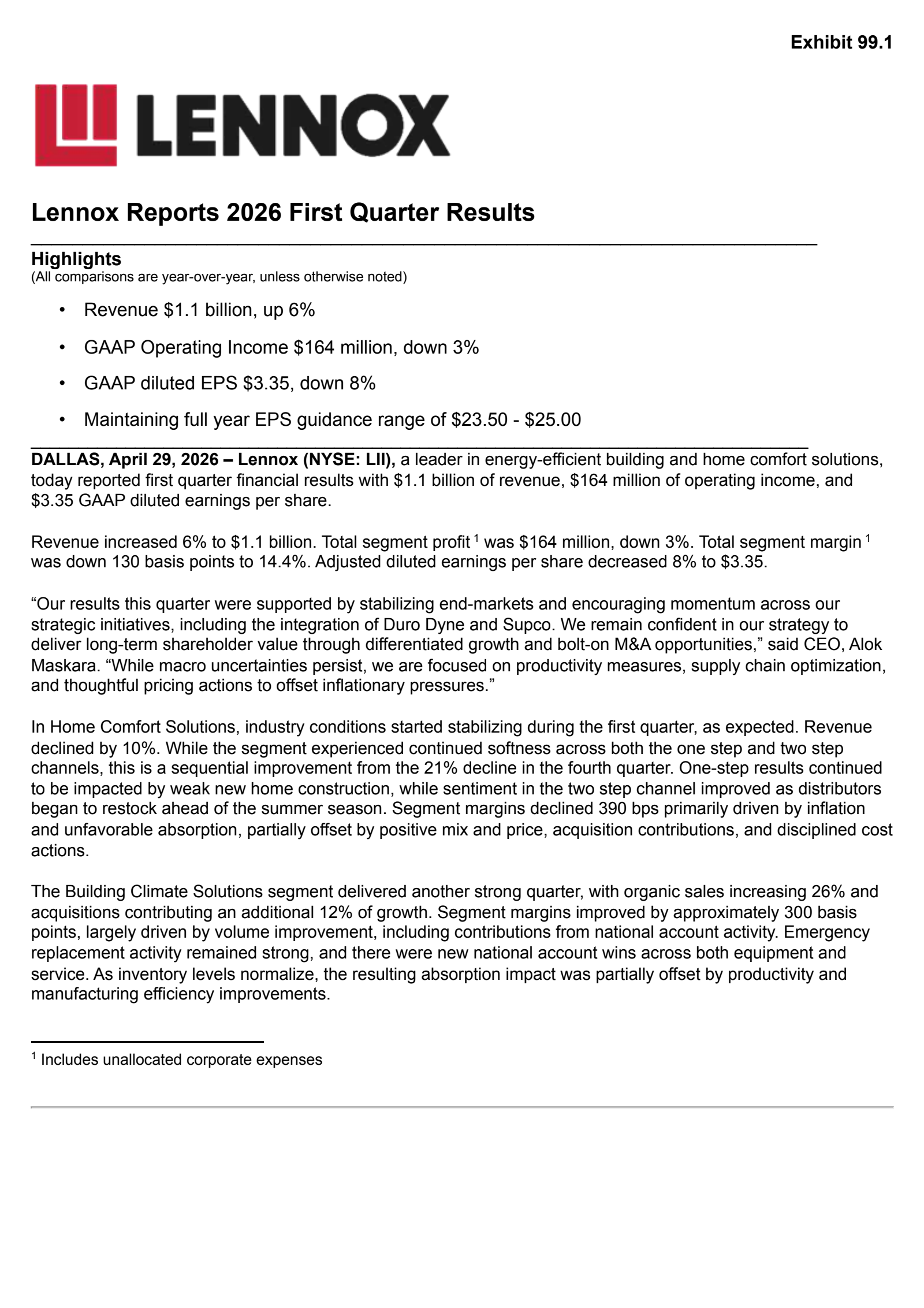 Lennox International's Q1 2026 Press Release