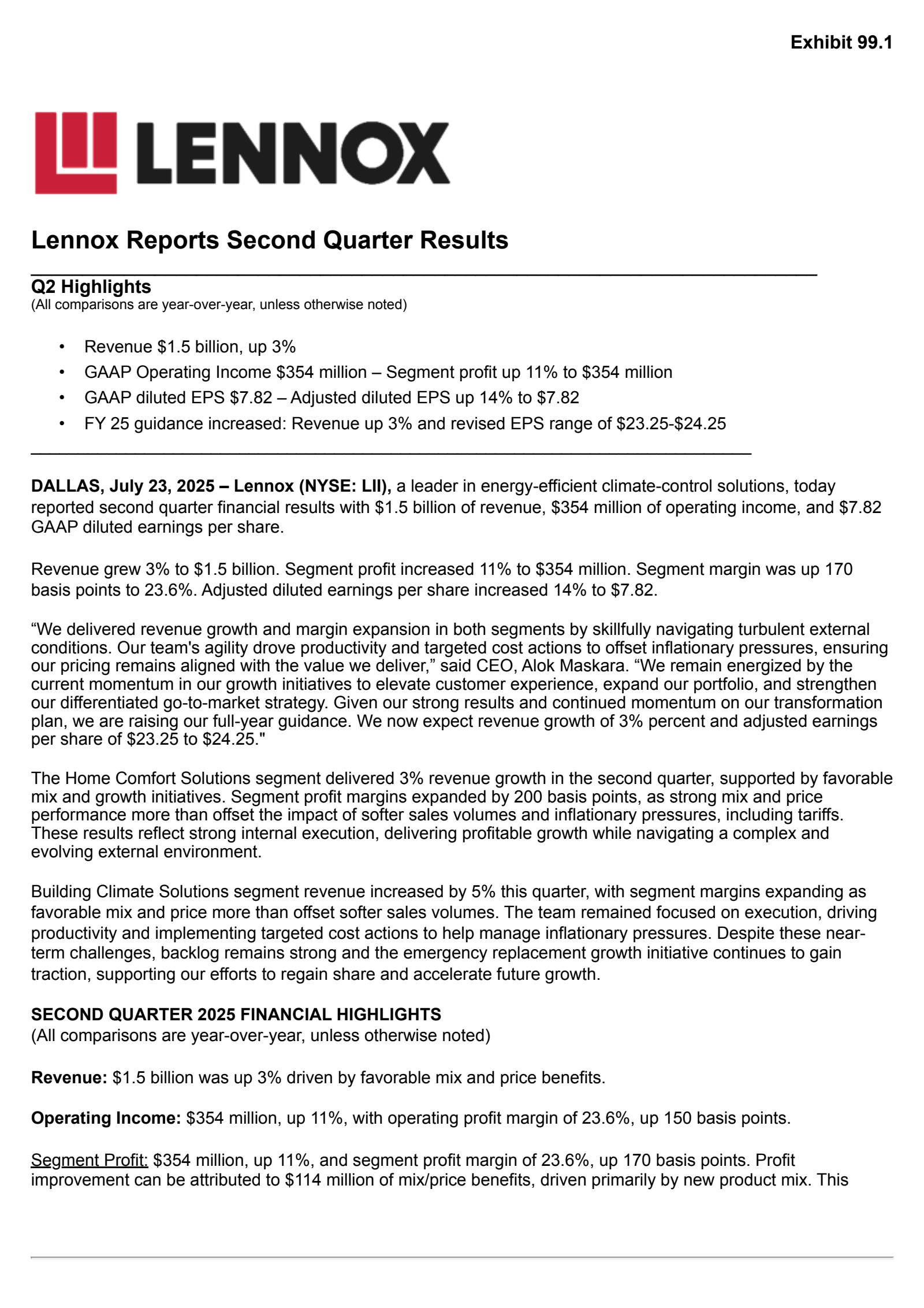 Lennox International's Q2 2025 Press Release