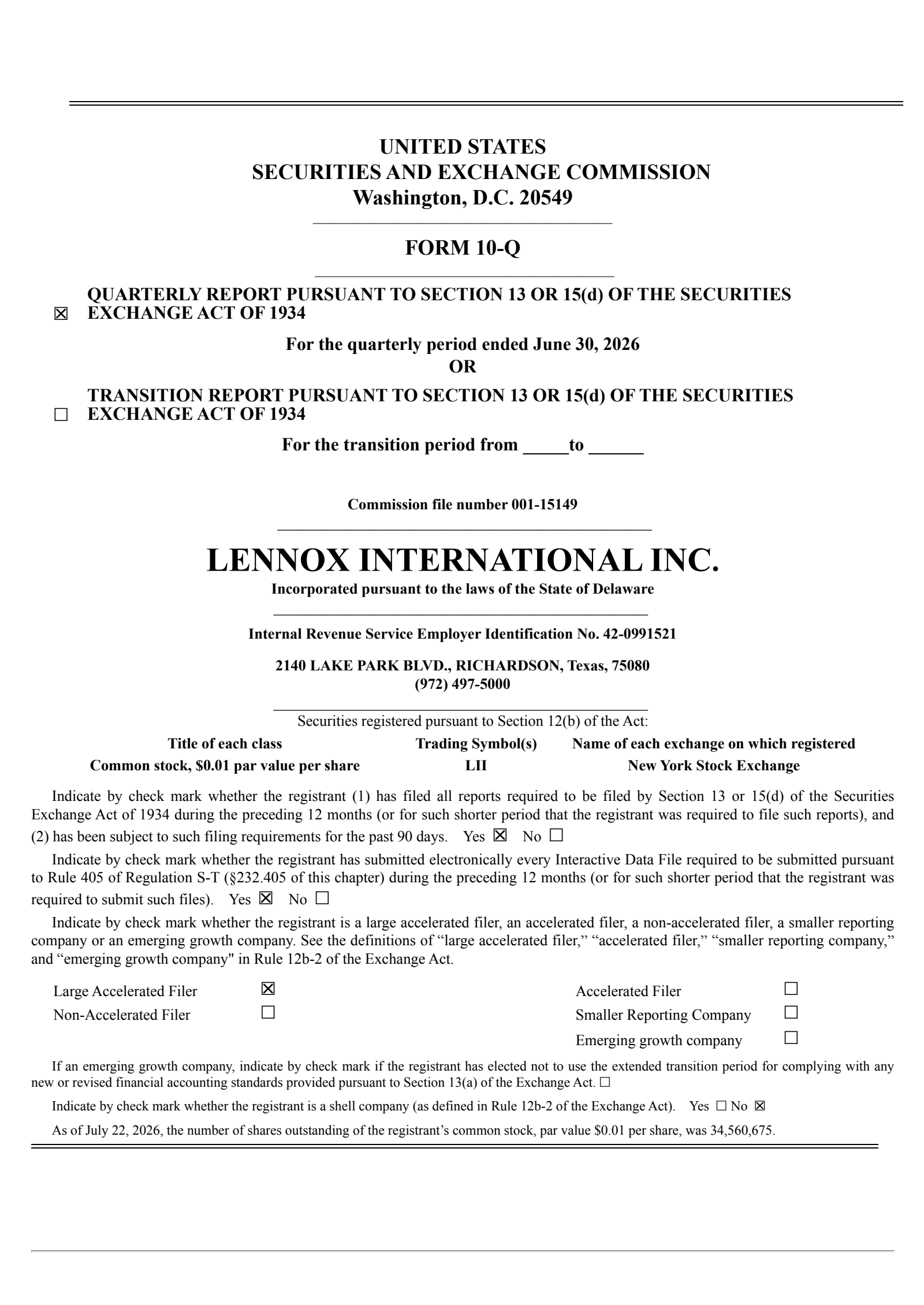 Lennox International's Q2 2026 Quarterly report