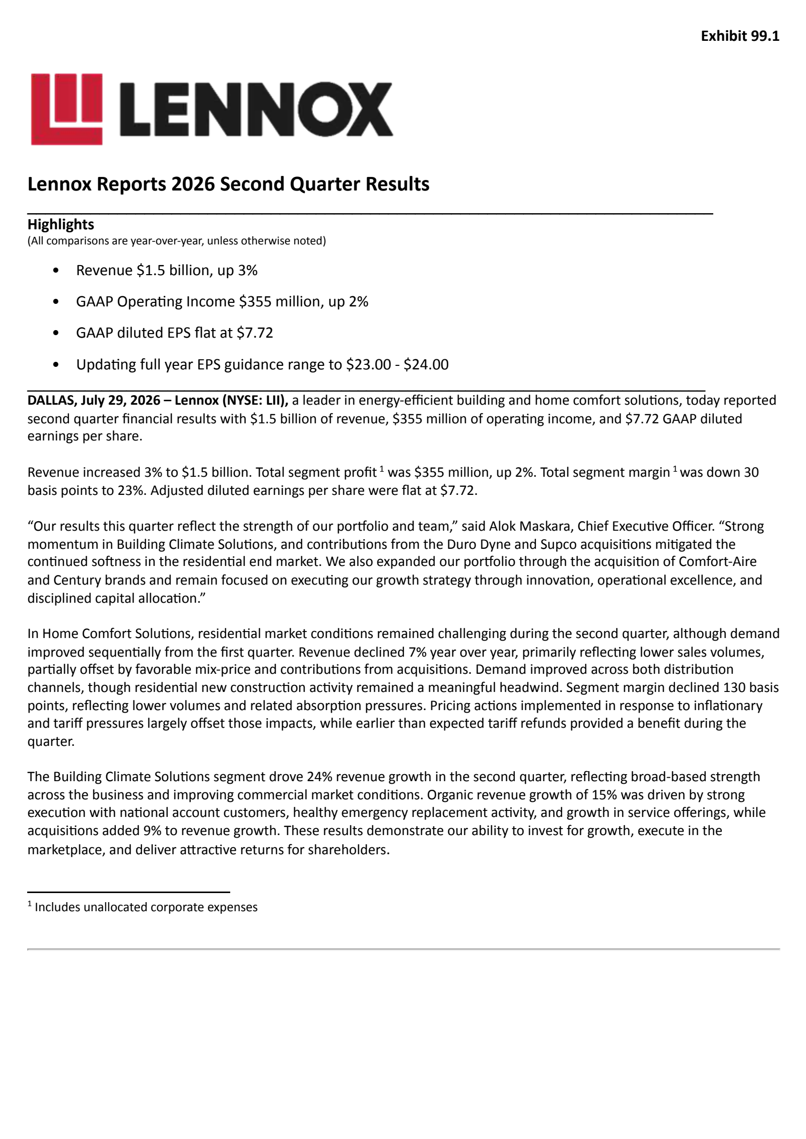 Lennox International's Q2 2026 Press Release