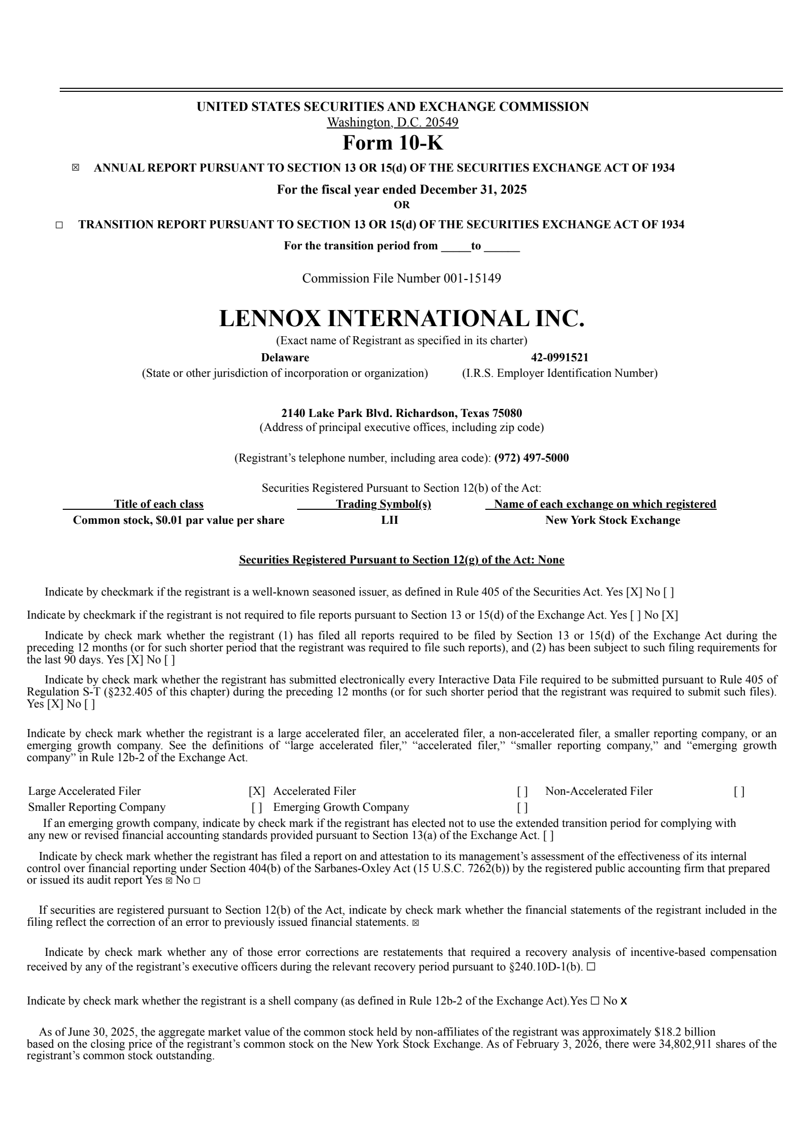 Lennox International's Q4 2025 Annual report