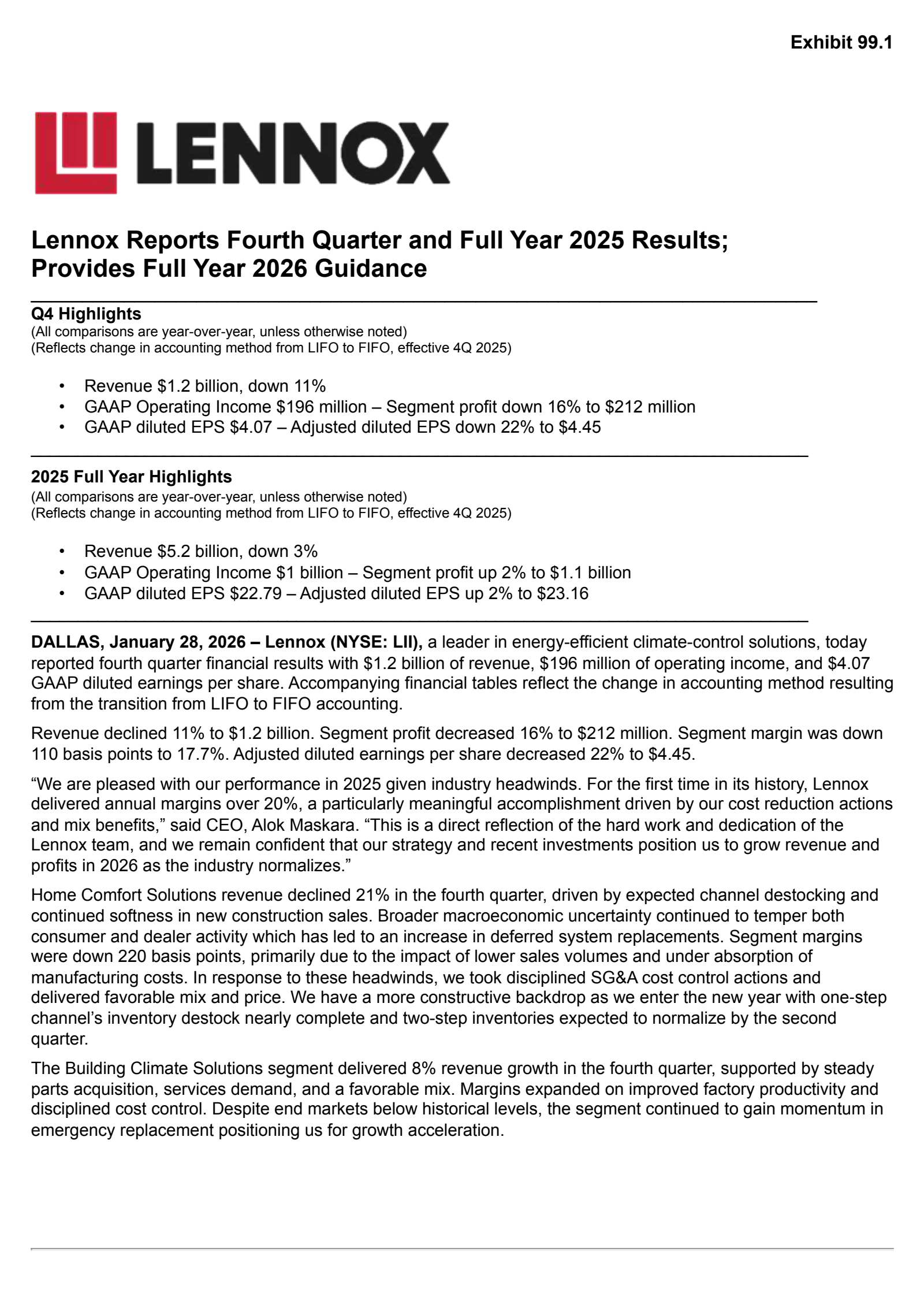 Lennox International's Q4 2025 Press Release