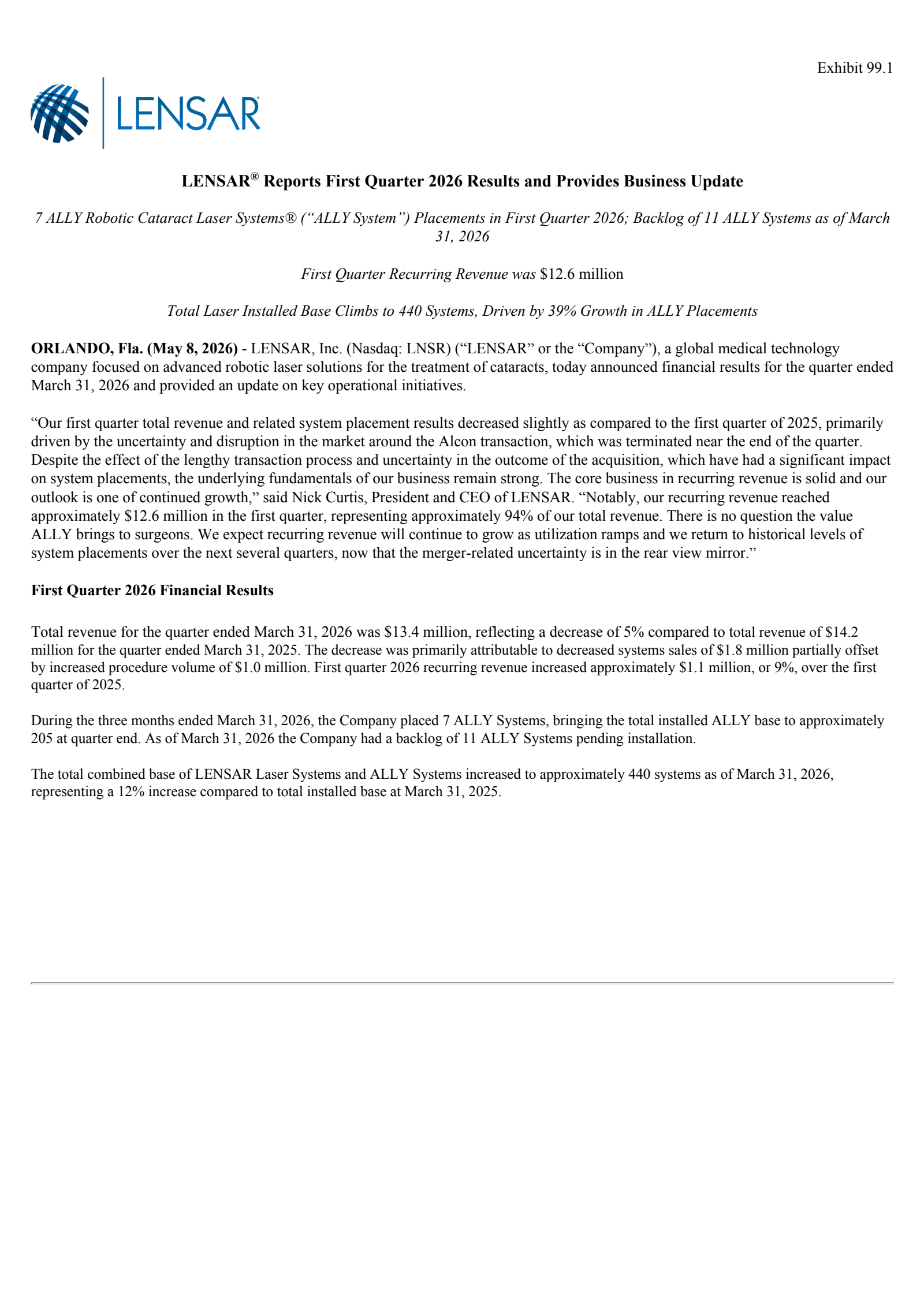 LENSAR's Q1 2026 Press Release