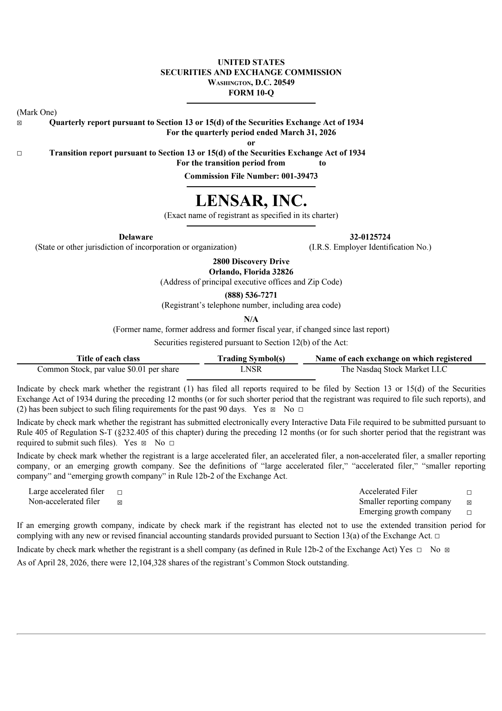 LENSAR's Q1 2026 Quarterly report