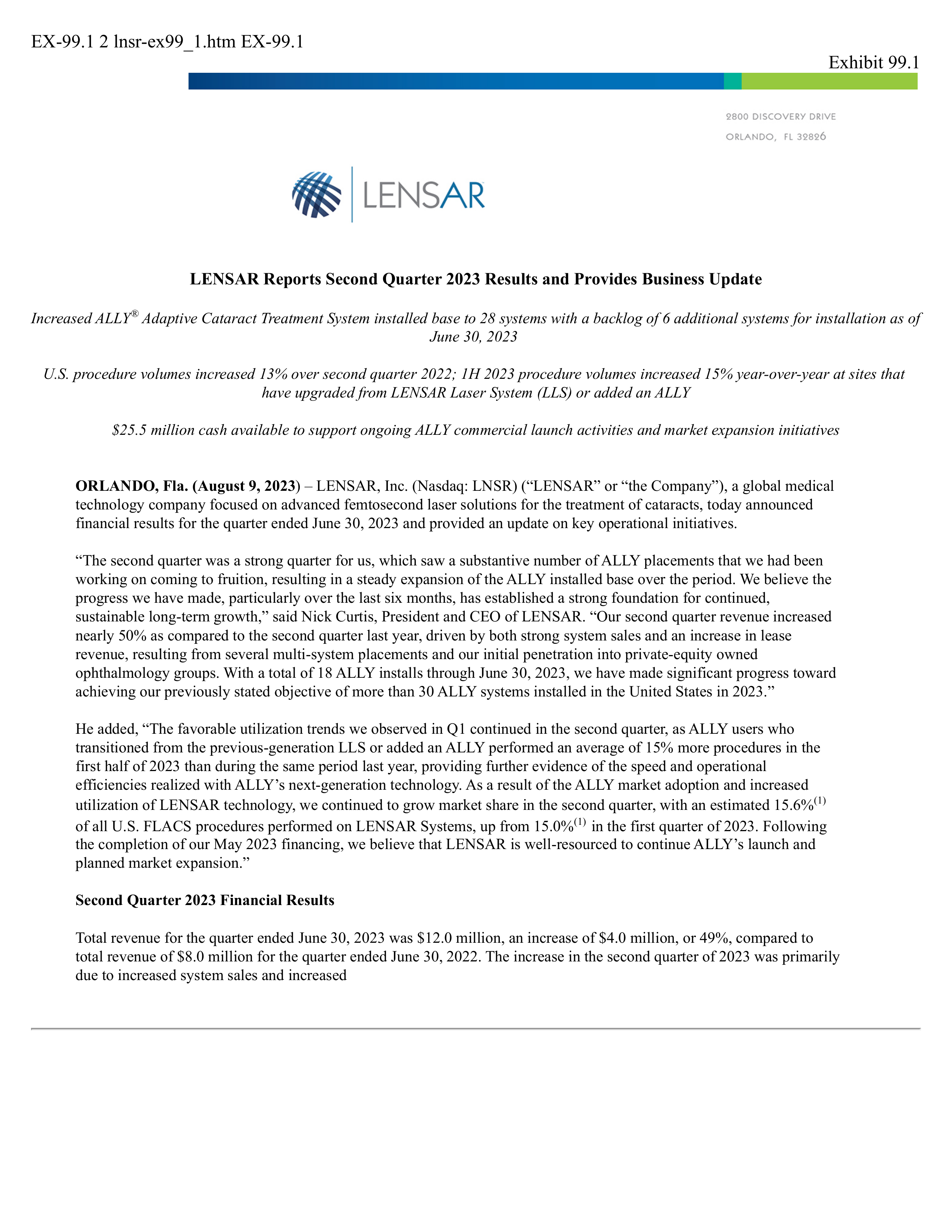 LENSAR's Q2 2023 Press Release