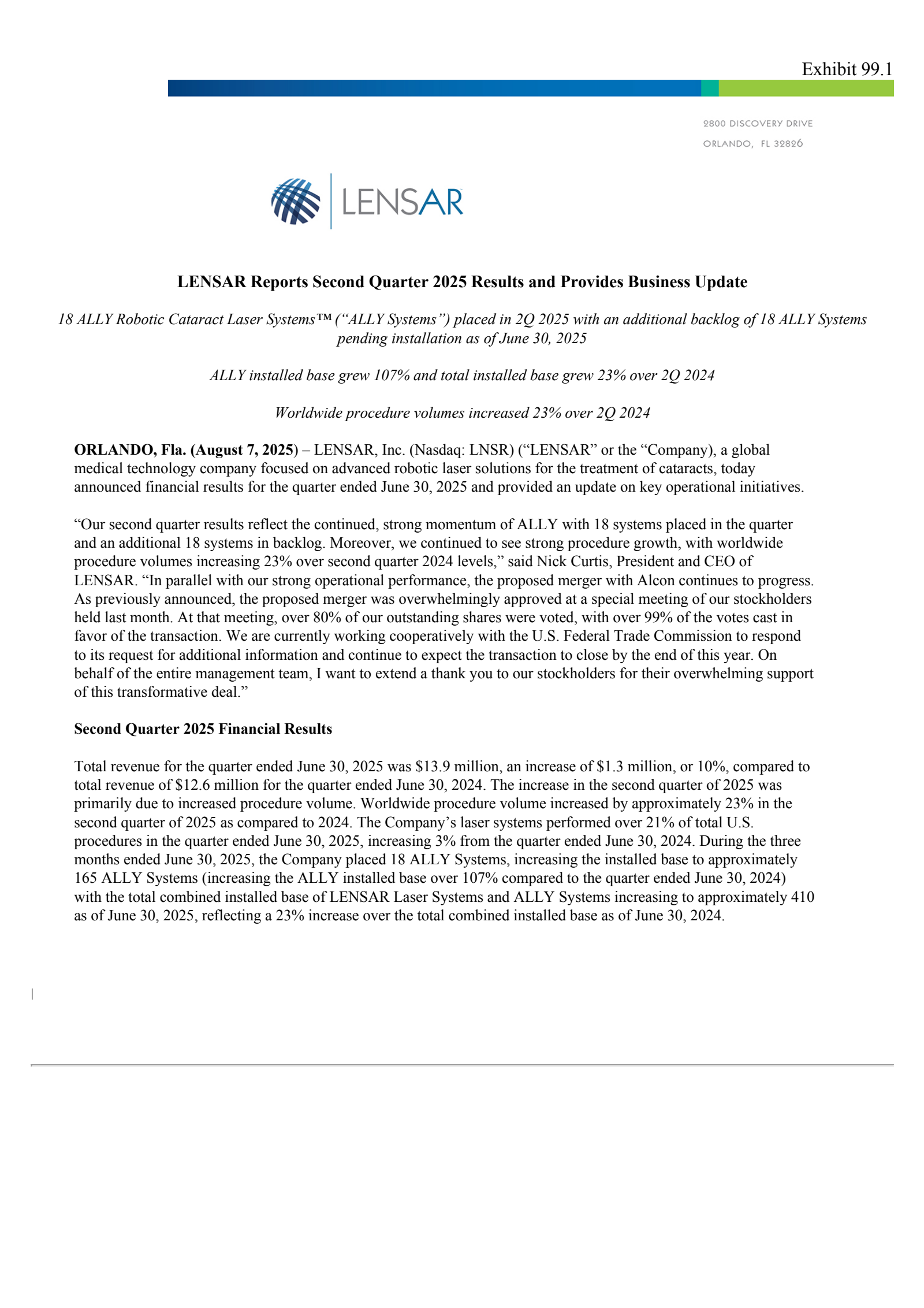 LENSAR's Q2 2025 Press Release
