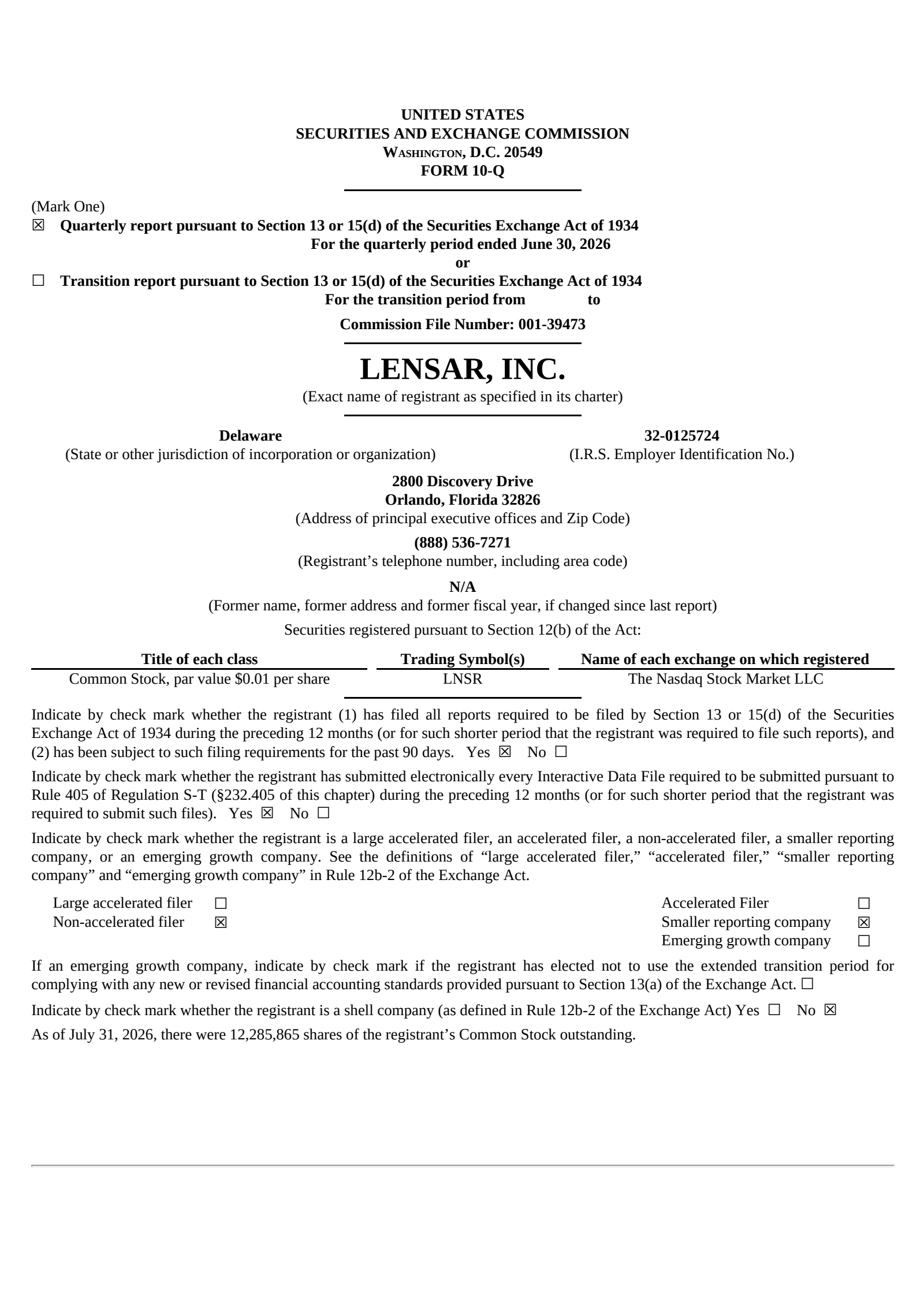 LENSAR's Q2 2026 Quarterly report