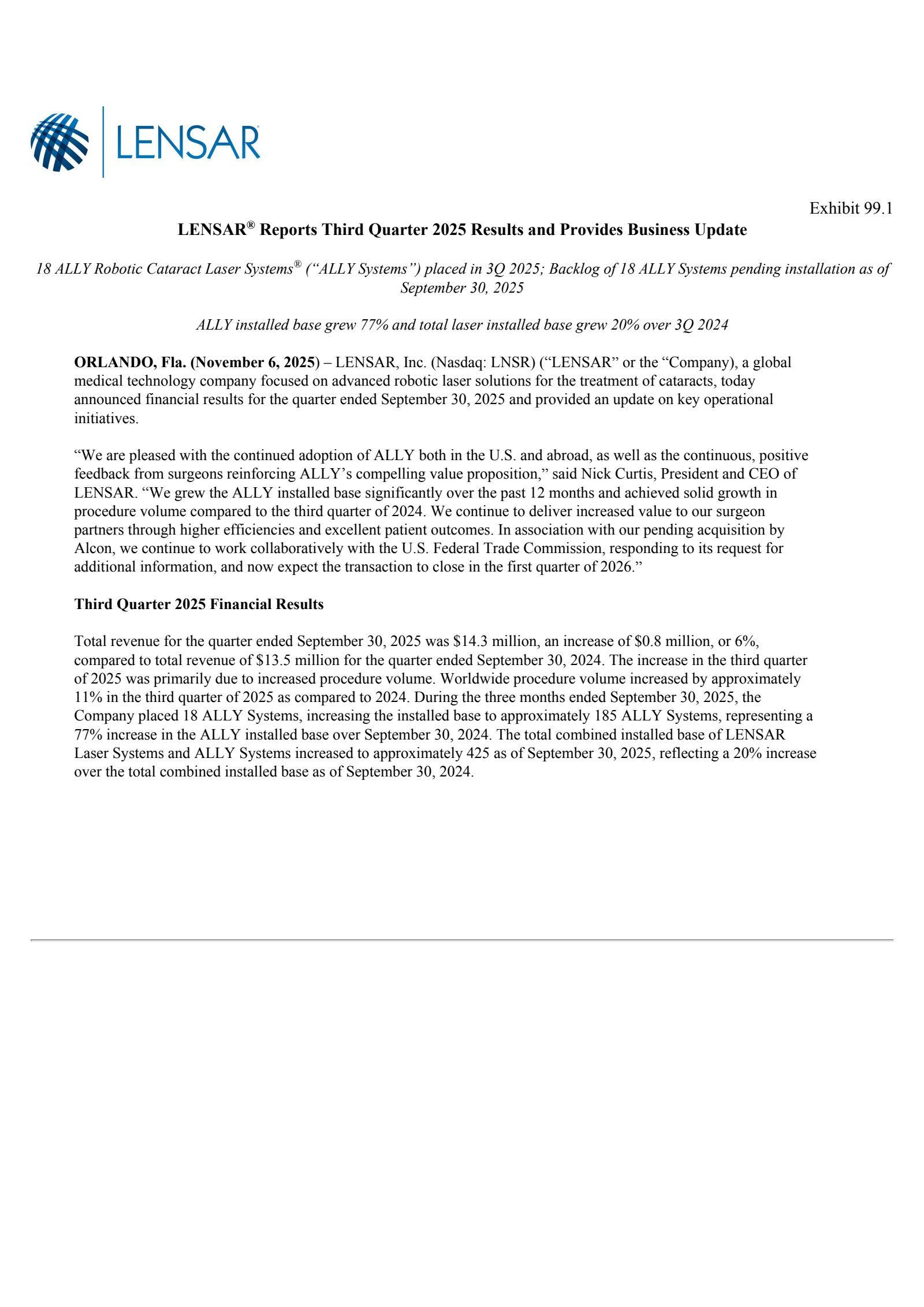 LENSAR's Q3 2025 Earnings Release