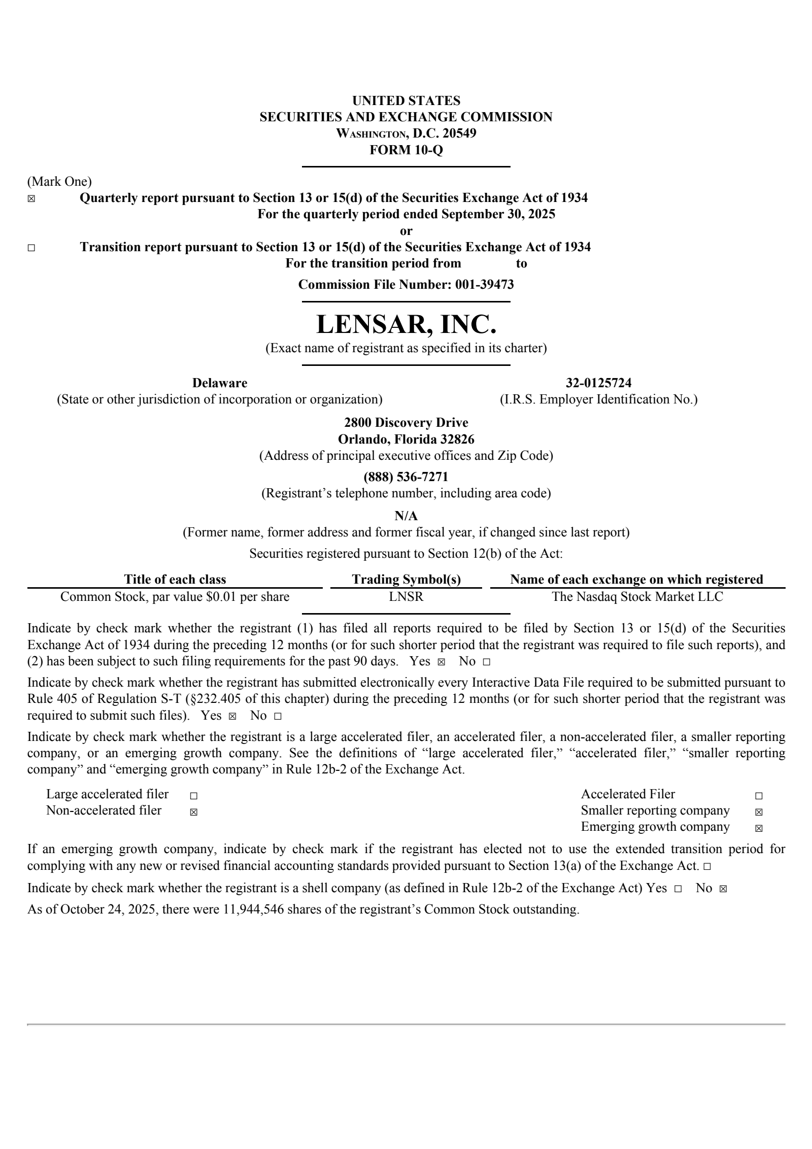 LENSAR's Q3 2025 Quarterly Report
