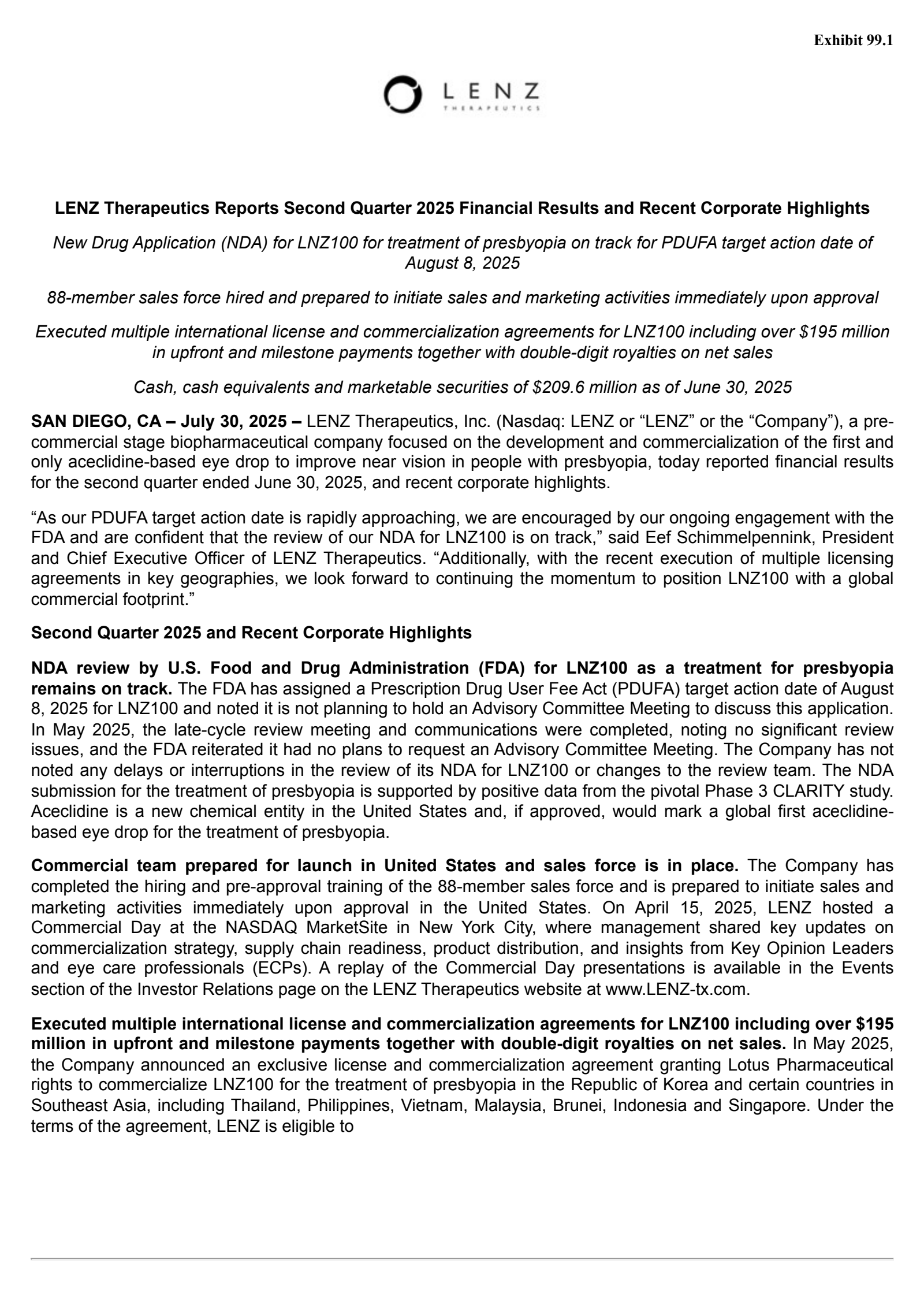 LENZ Therapeutics' Q2 2025 Press Release