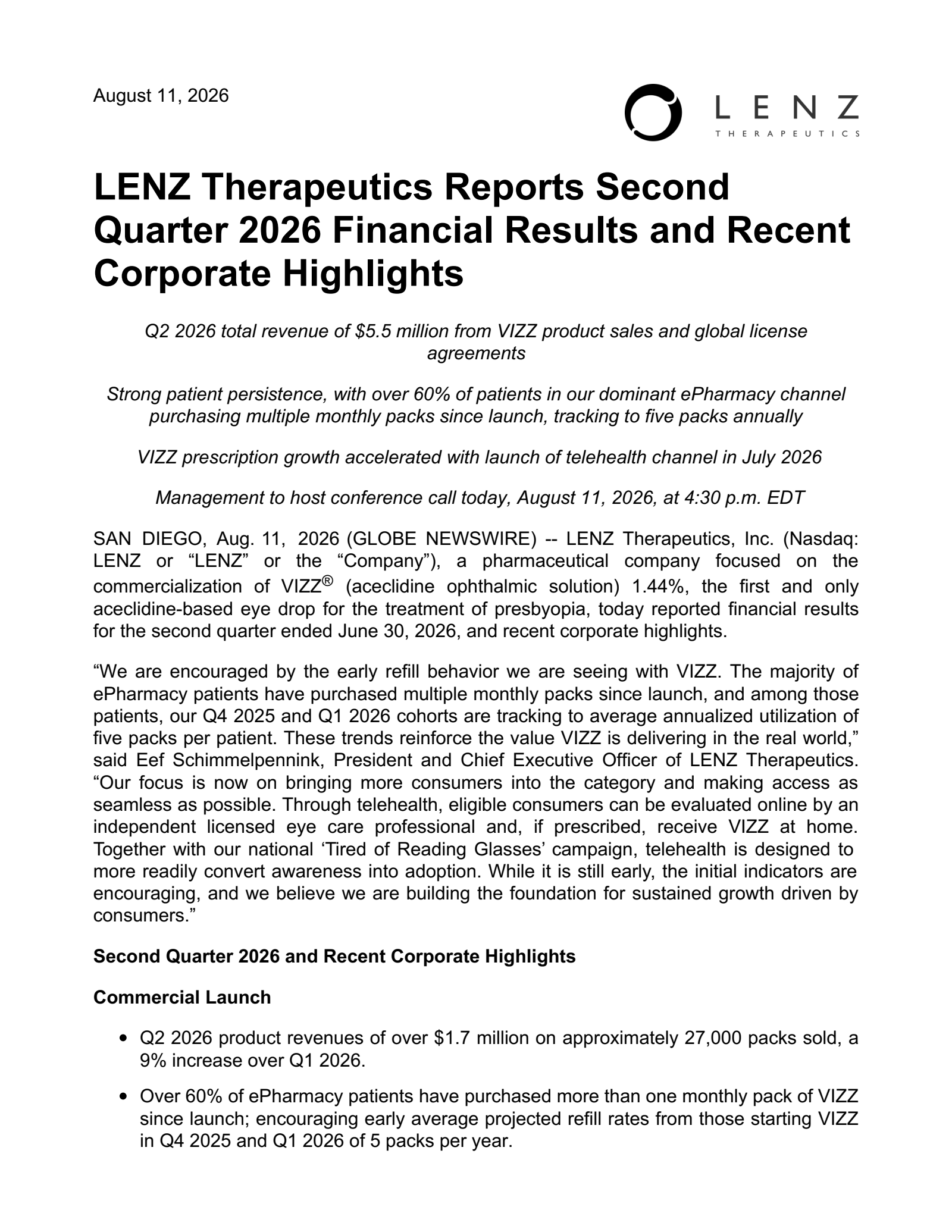 LENZ Therapeutics' Q2 2026 Press Release