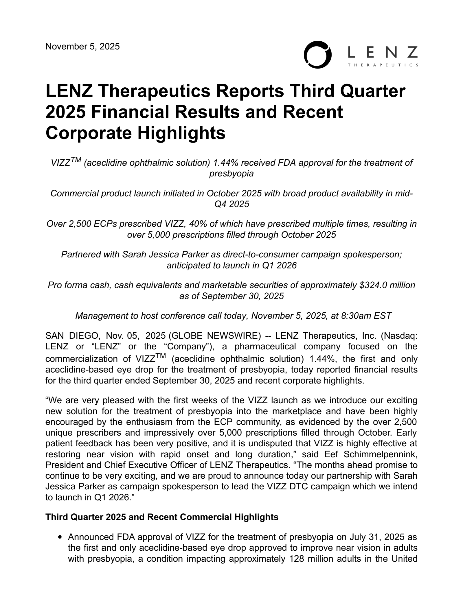 LENZ Therapeutics' Q3 2025 Earnings Release