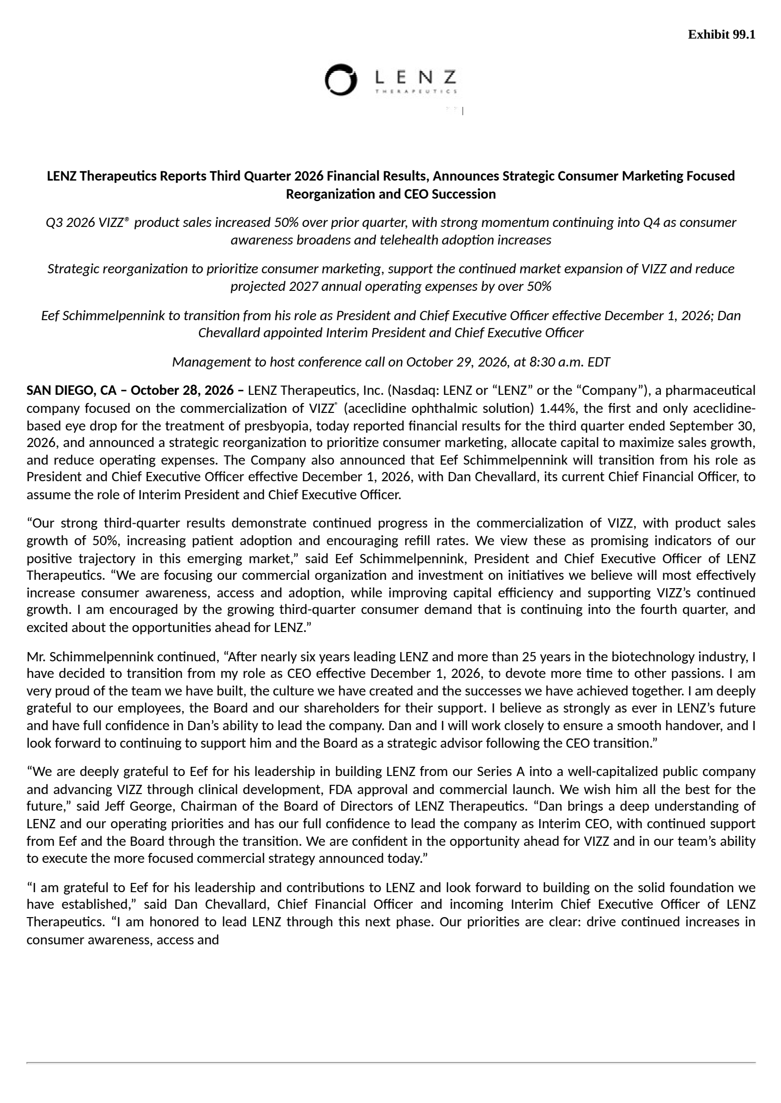 LENZ Therapeutics' Q3 2026 Press Release