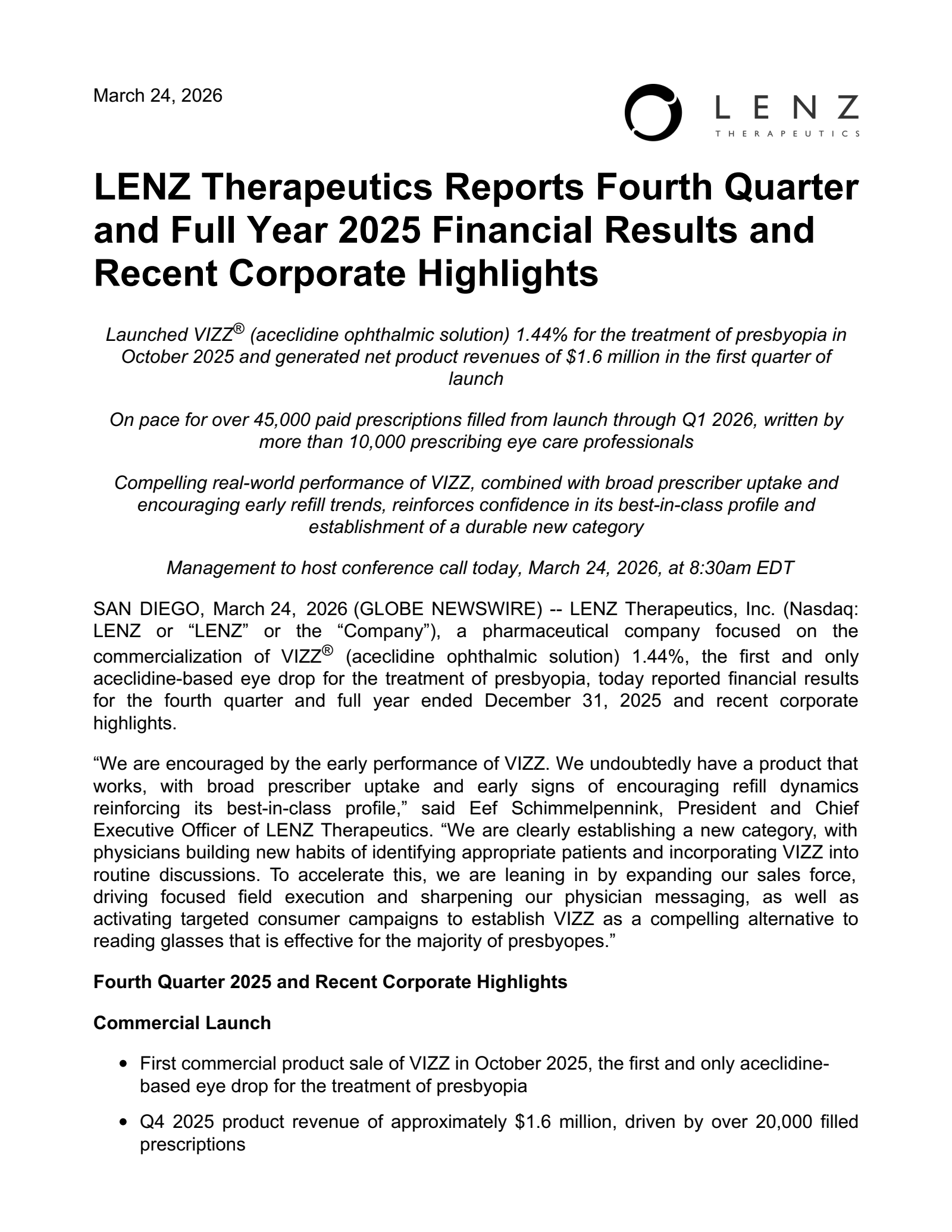 LENZ Therapeutics' Q4 2025 Press Release