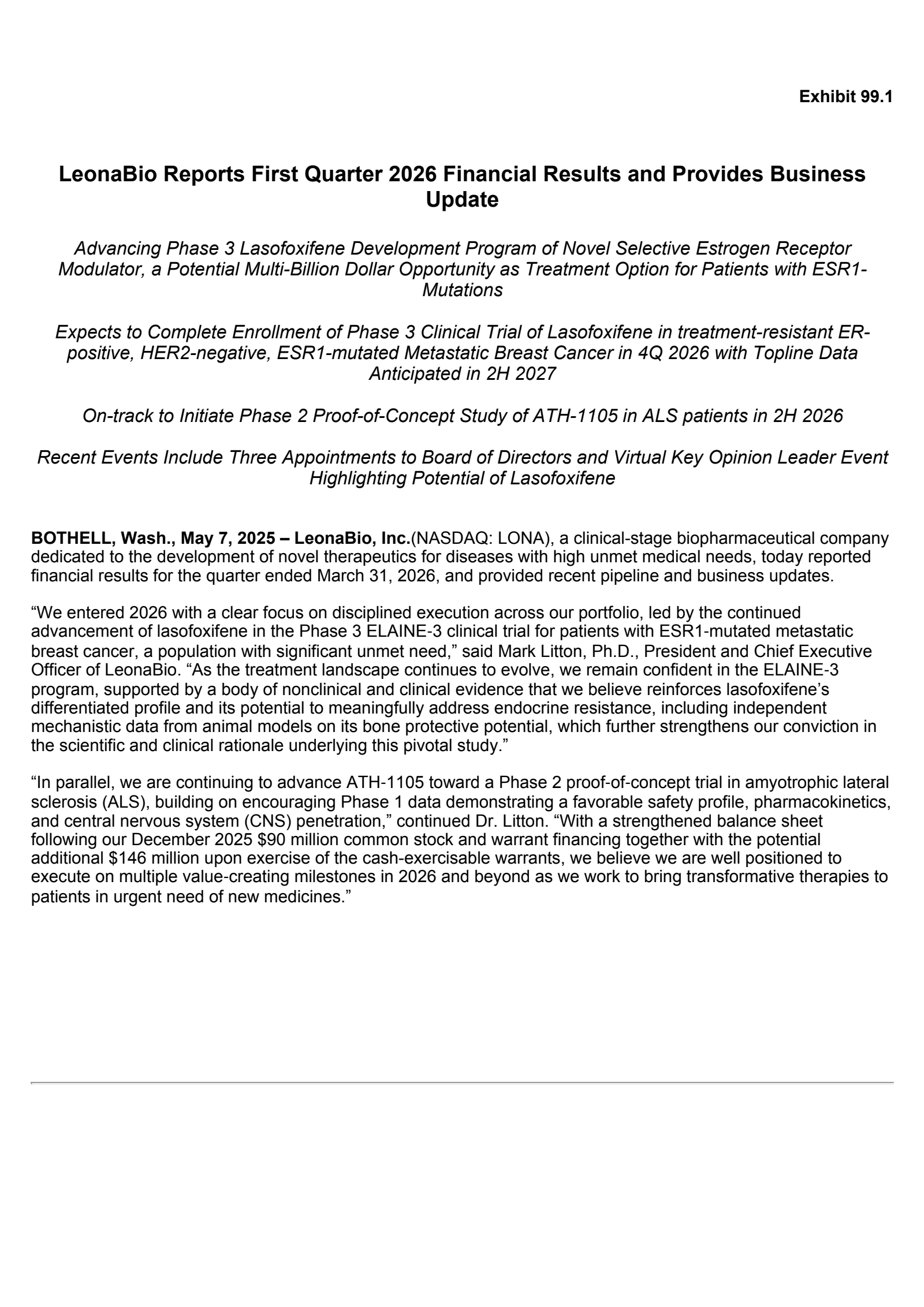 Athira Pharma's Q1 2026 Press Release