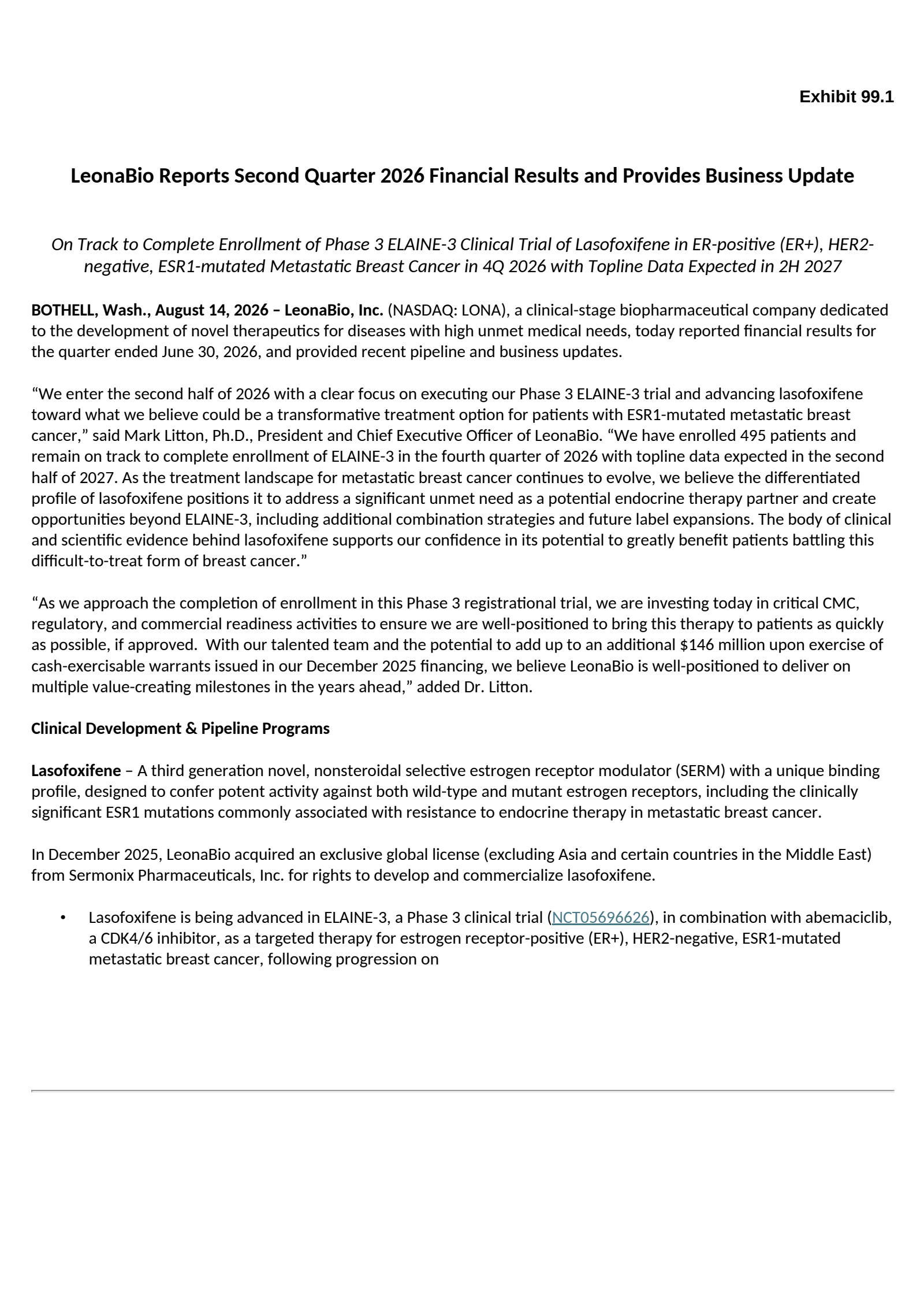 Athira Pharma's Q2 2026 Press Release