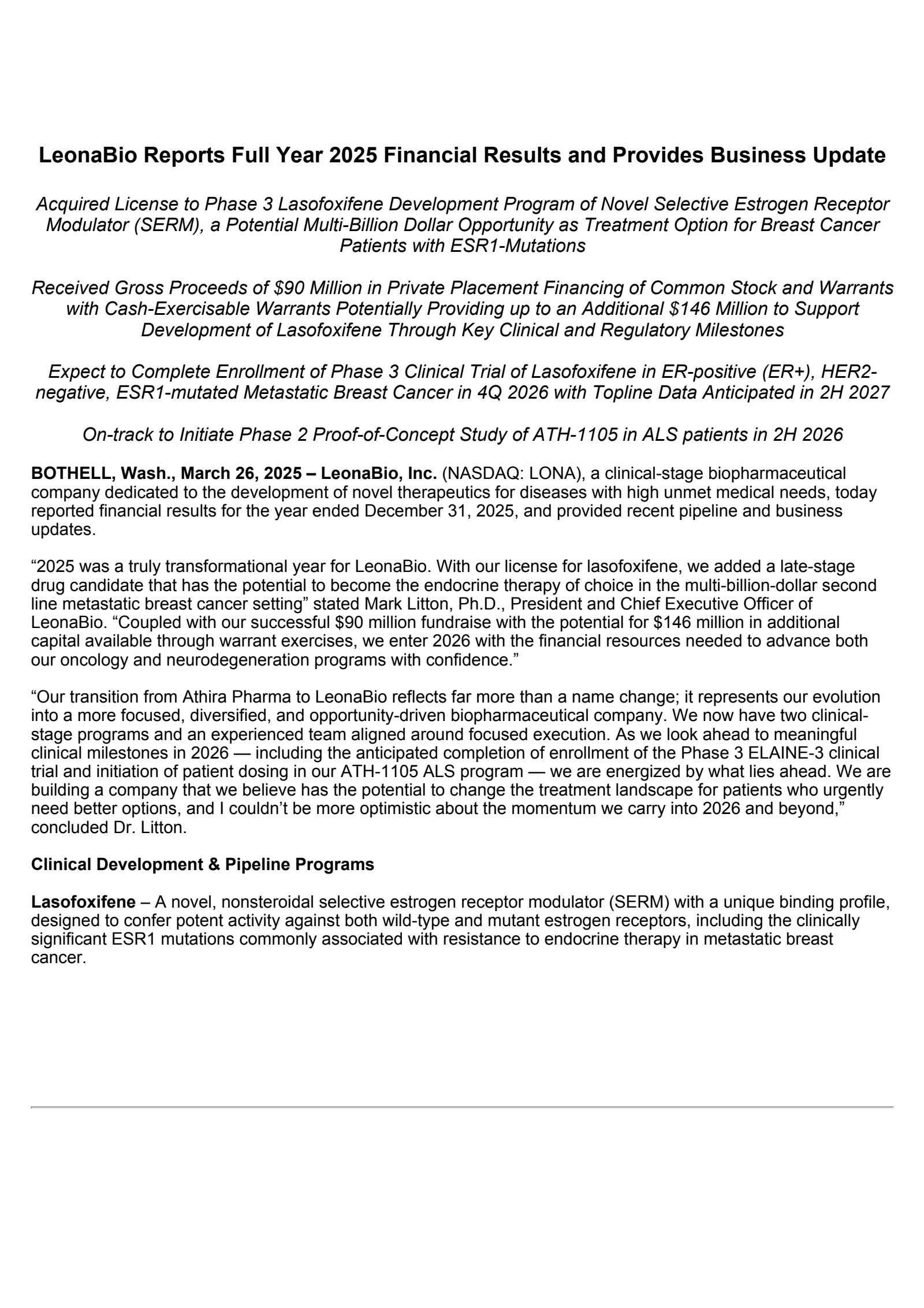 Athira Pharma's Q4 2025 Press Release