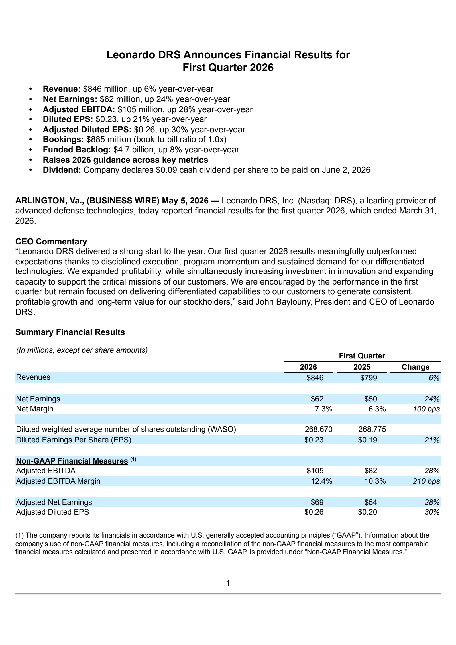 Leonardo DRS's Q1 2026 Press Release