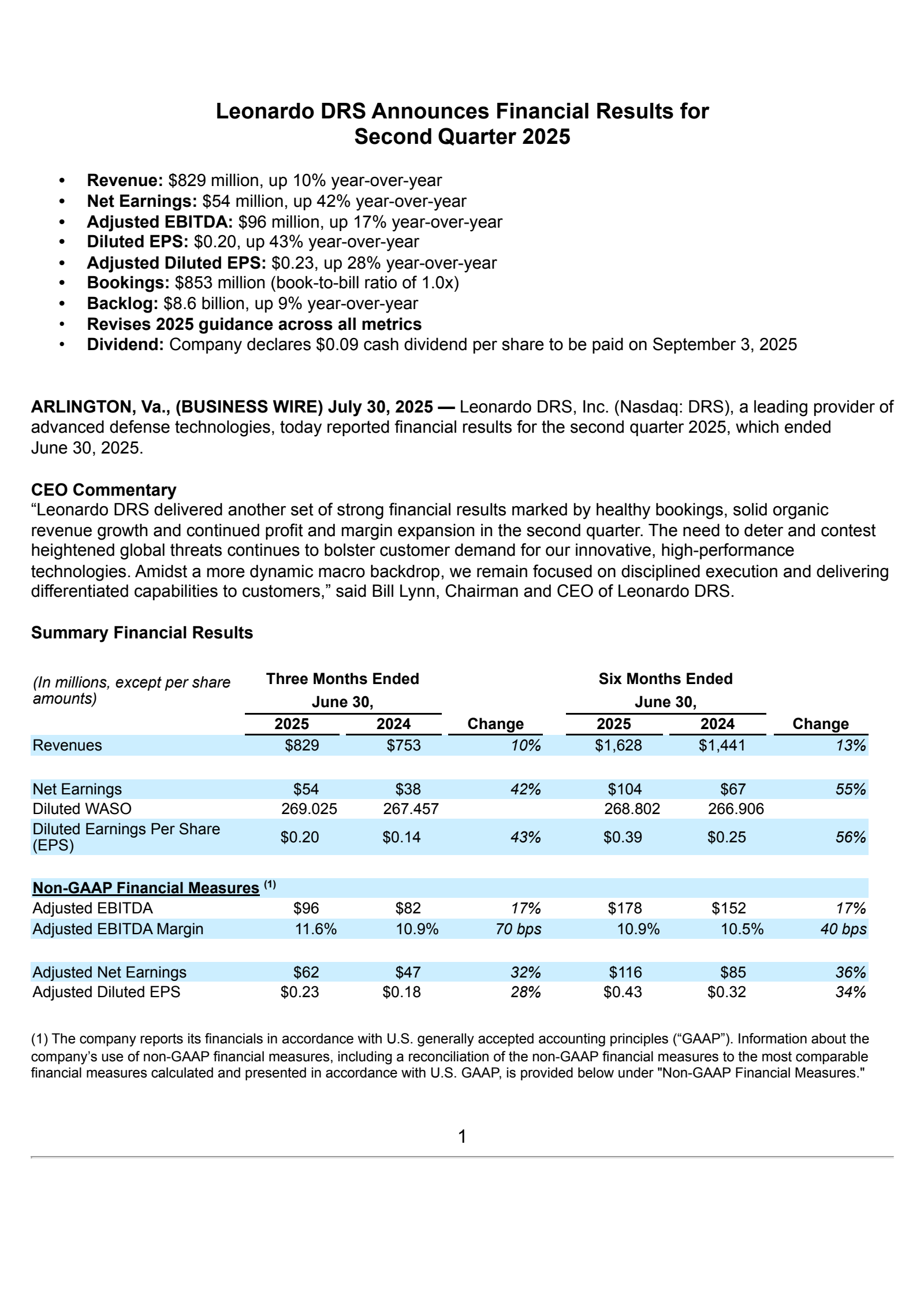 Leonardo DRS's Q2 2025 Press Release