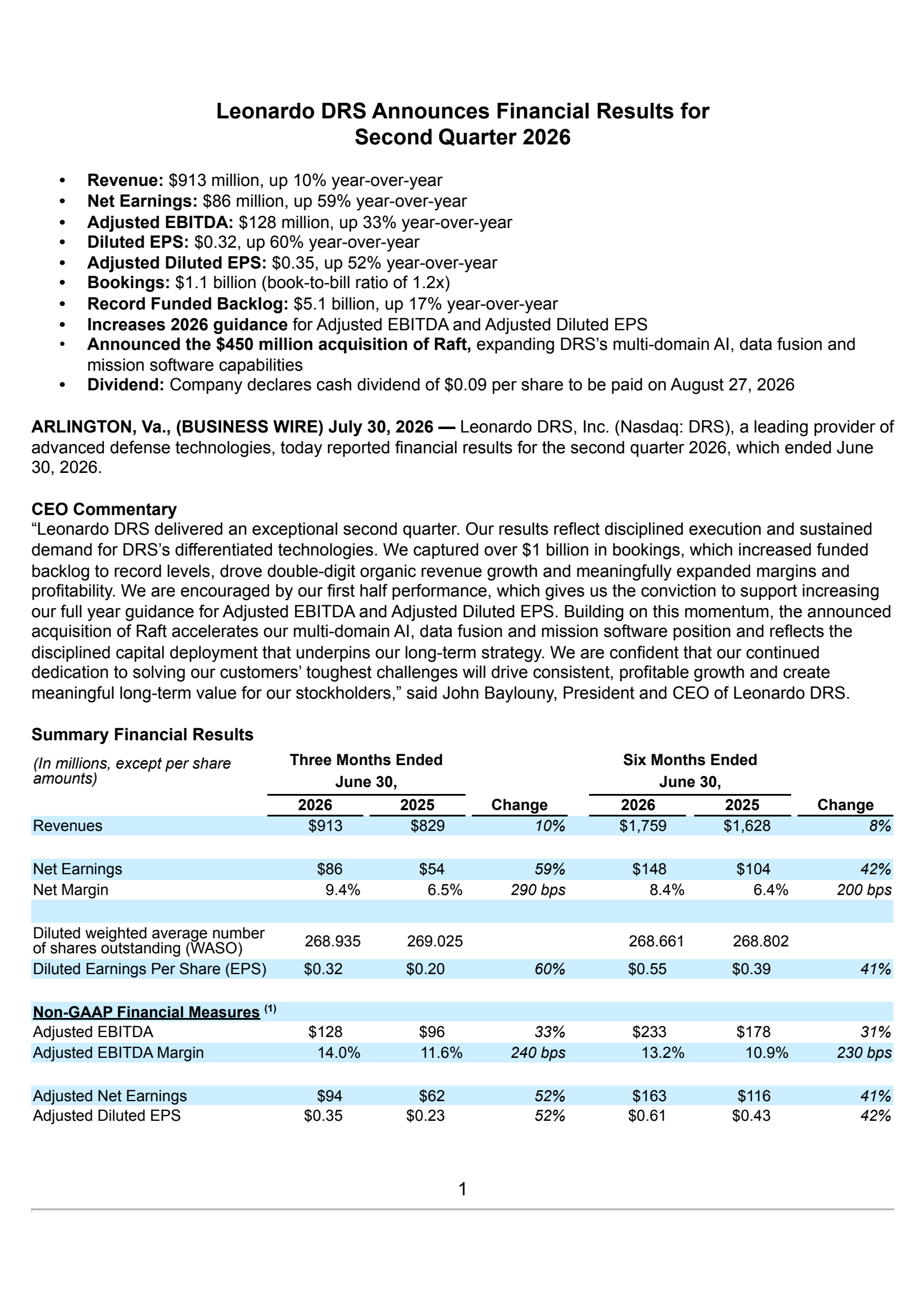 Leonardo DRS's Q2 2026 Press Release