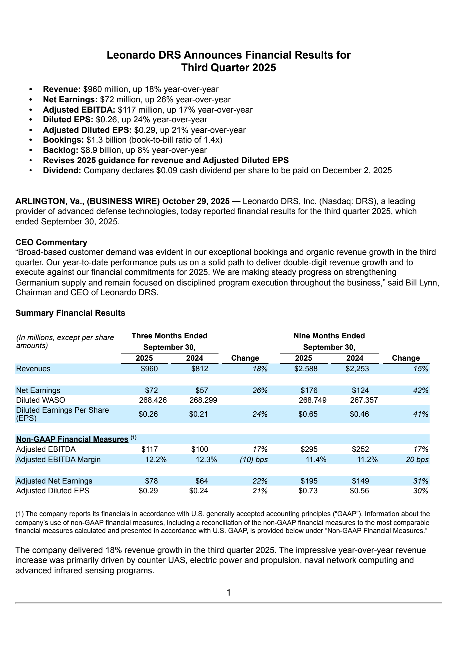 Leonardo DRS's Q3 2025 Earnings Release
