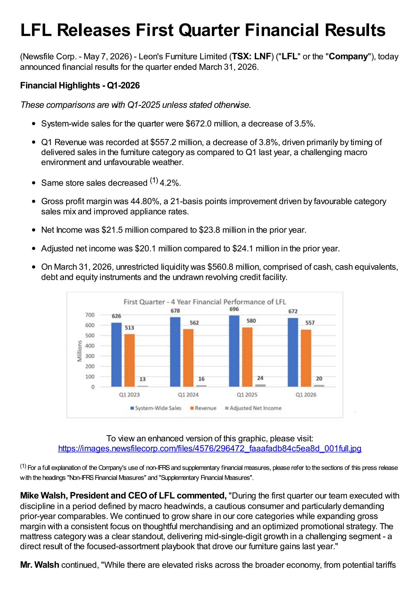 Leon's Furniture's Q1 2026 Press Release