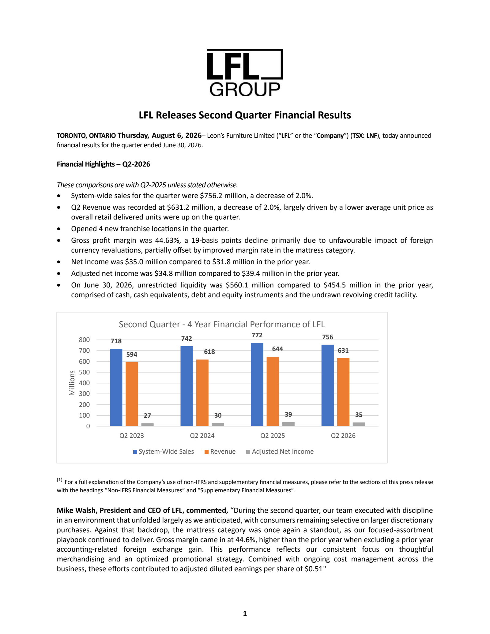 Leon's Furniture's Q2 2026 Press Release