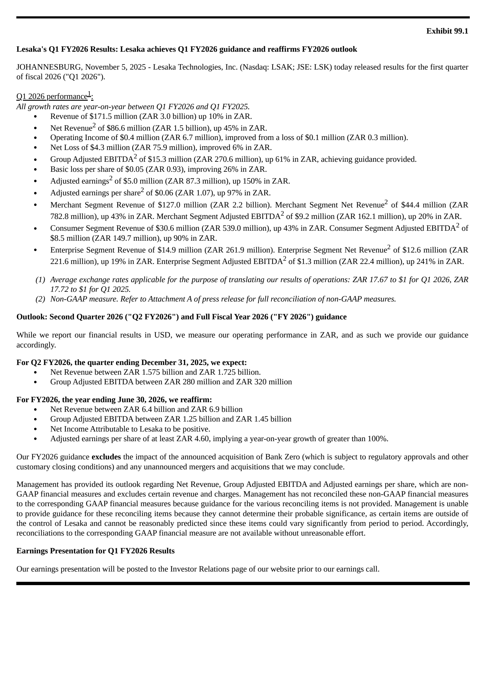 Lesaka Technologies' Q1 2026 Earnings Release