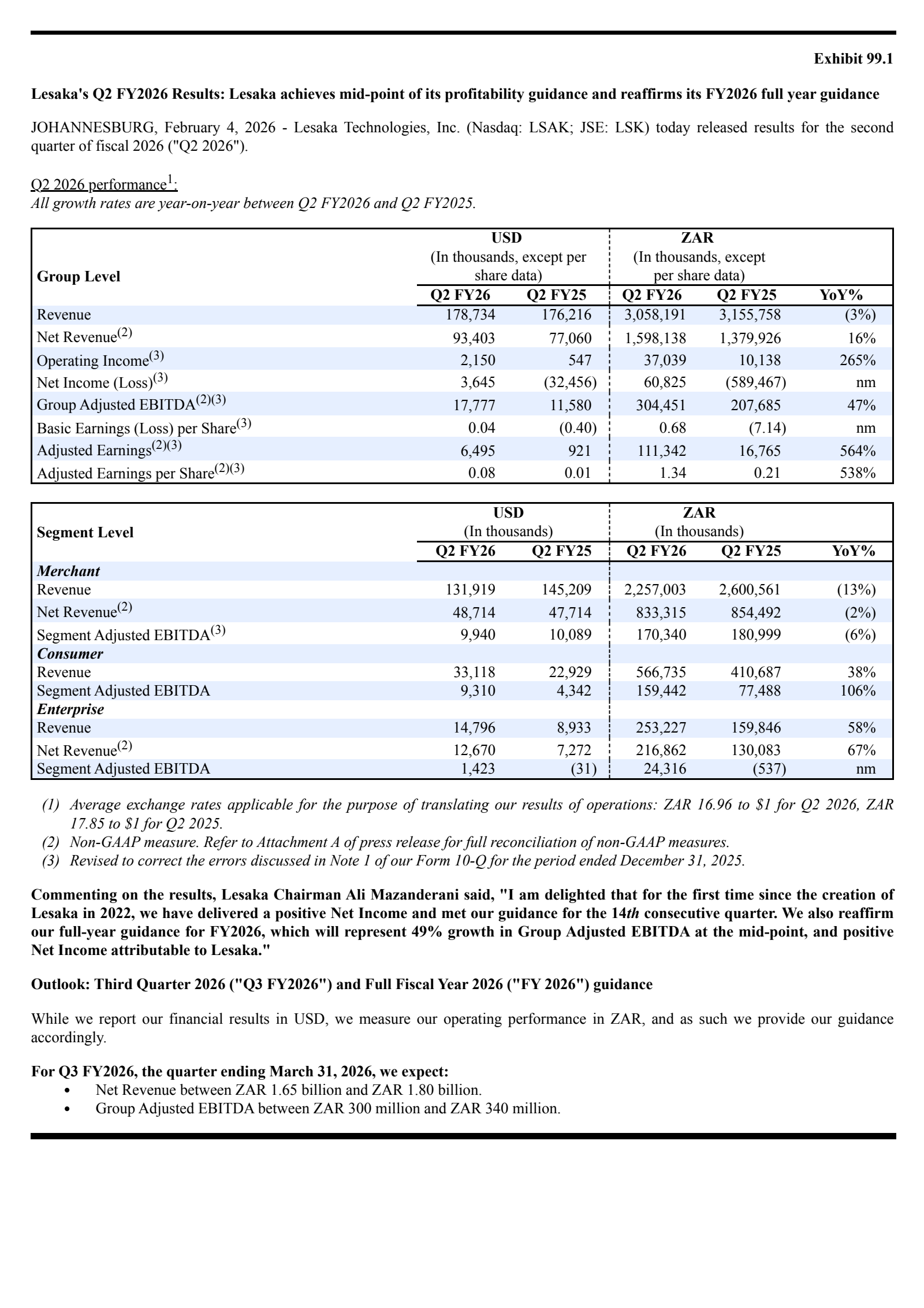 Lesaka Technologies' Q2 2026 Press Release