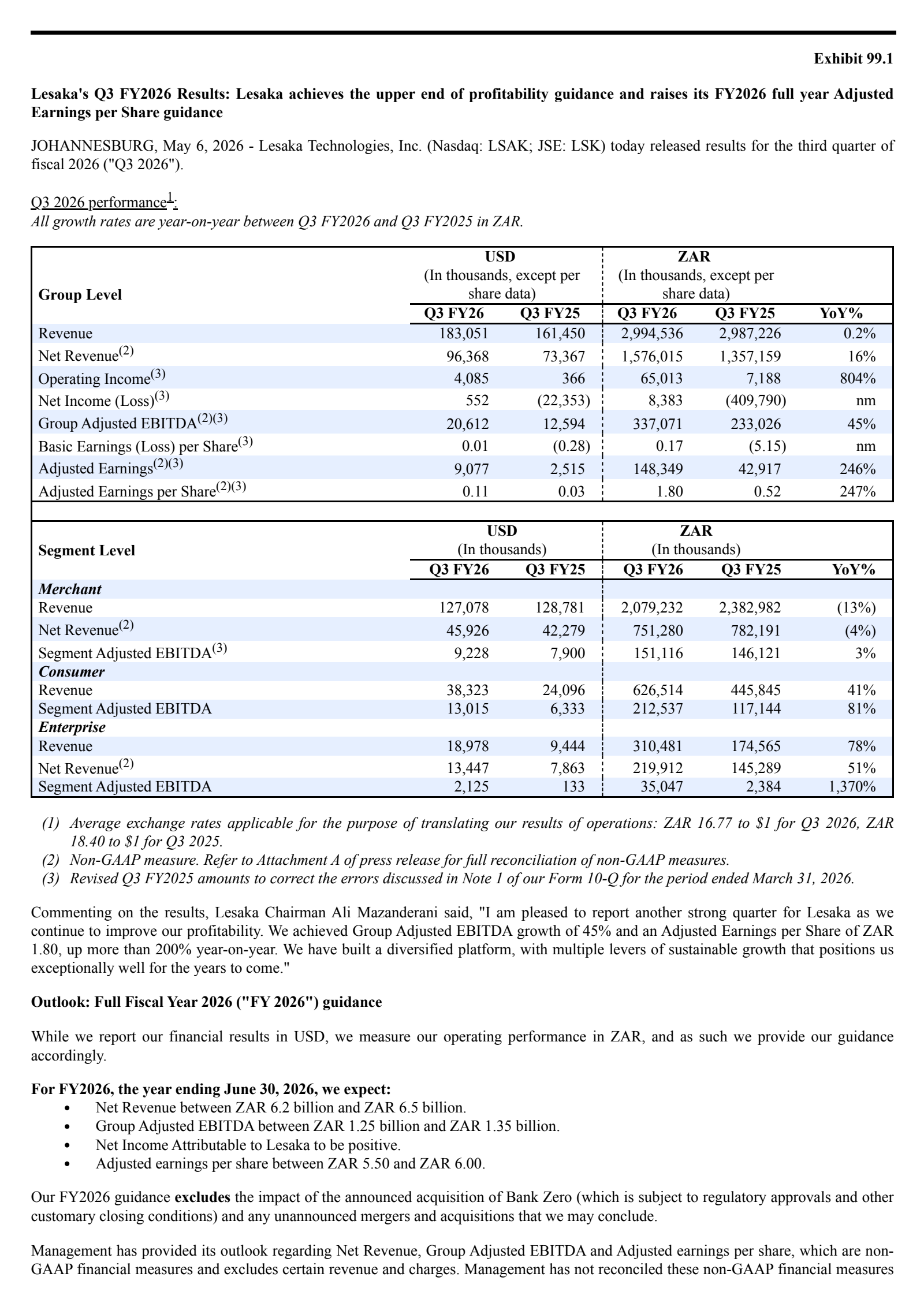 Lesaka Technologies' Q3 2026 Press Release