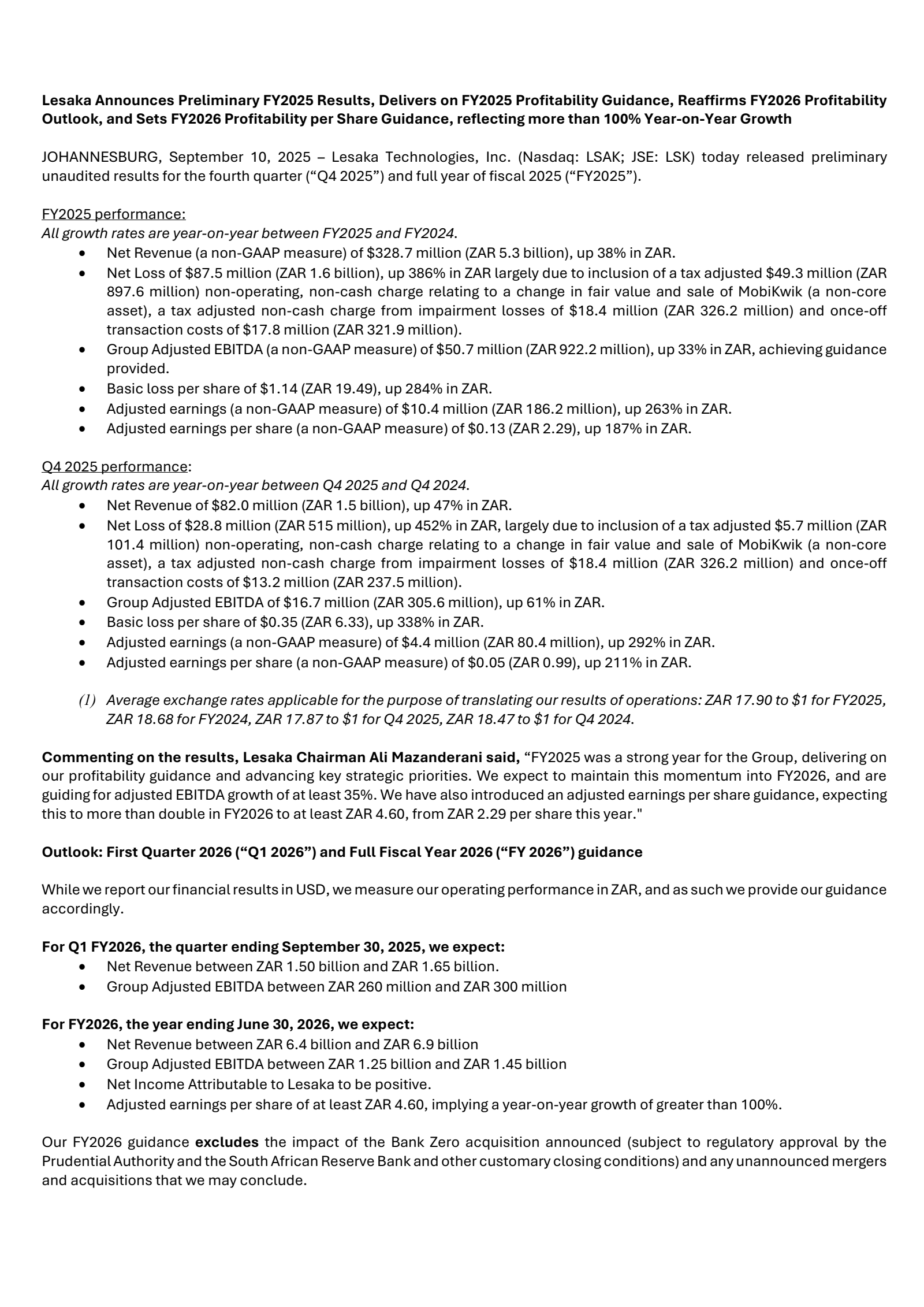Lesaka Technologies' Q4 2025 Earnings Release