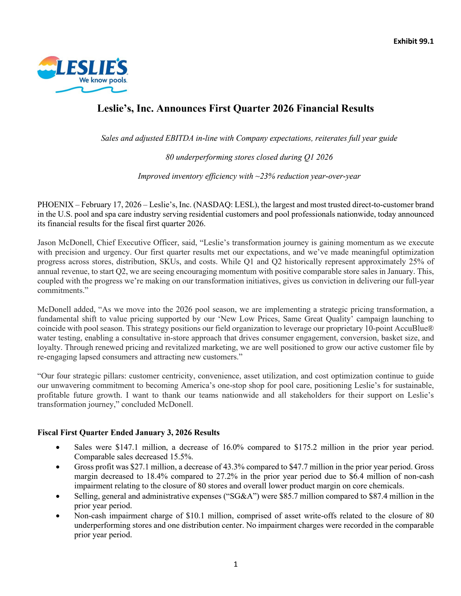 Leslie's' Q1 2026 Press Release