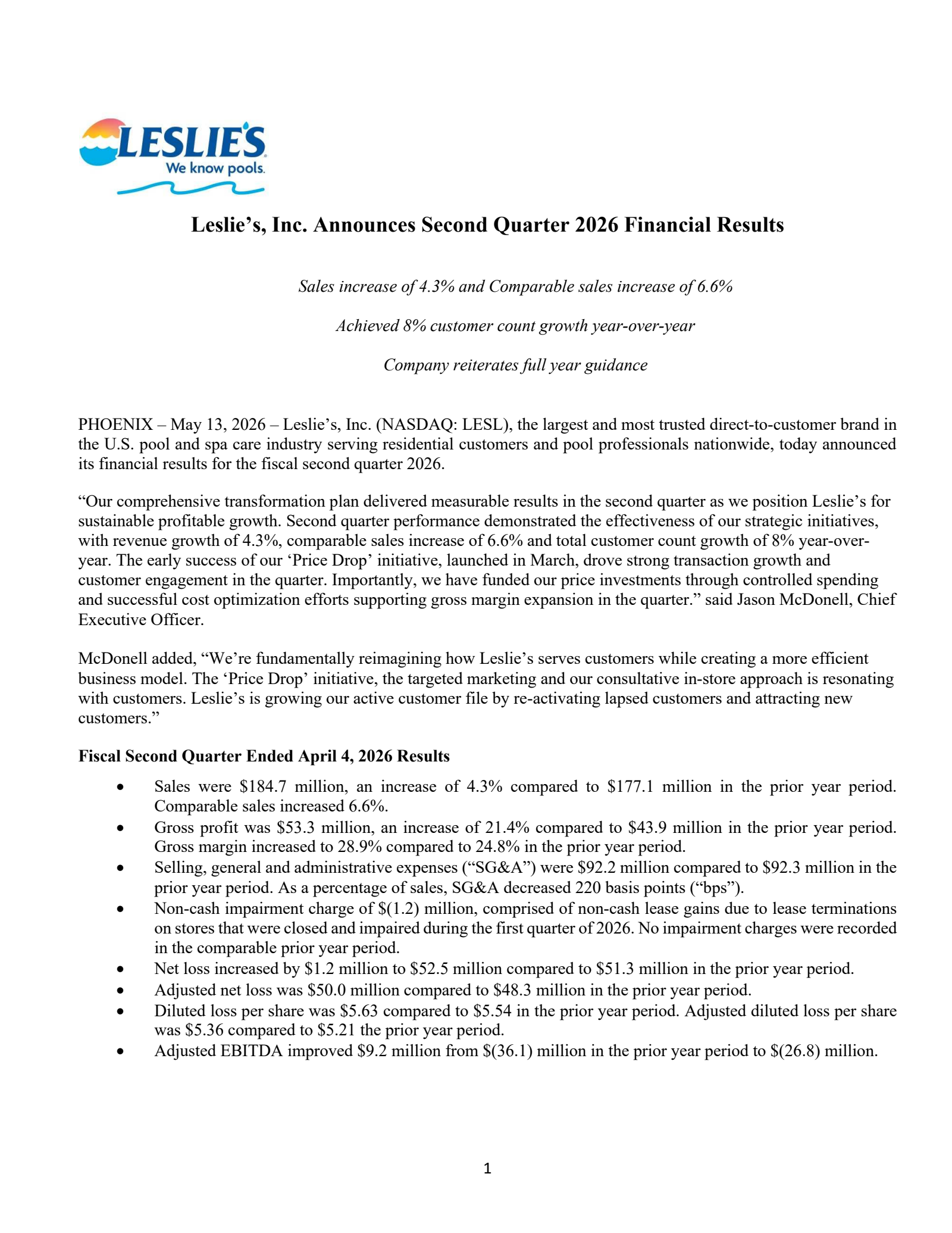 Leslie's' Q2 2026 Press Release