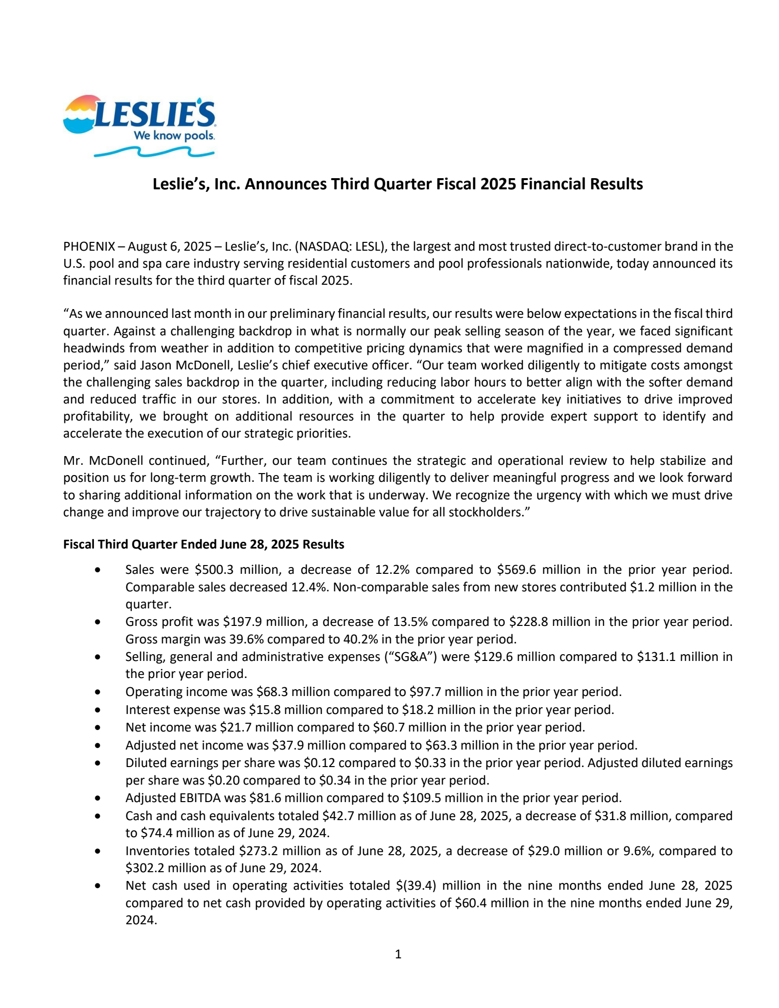 Leslie's' Q3 2025 Press Release