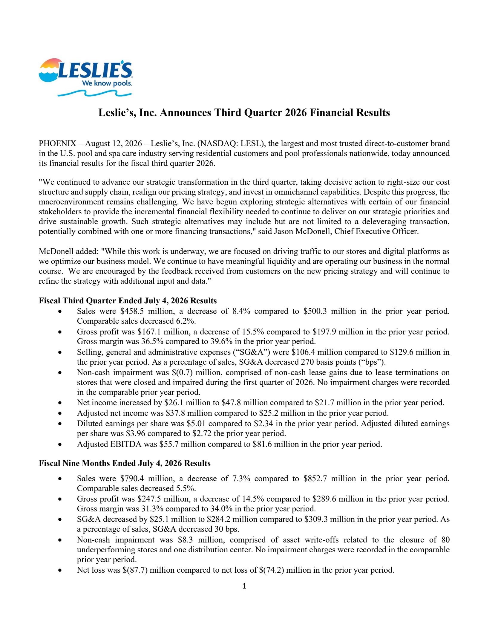 Leslie's' Q3 2026 Press Release